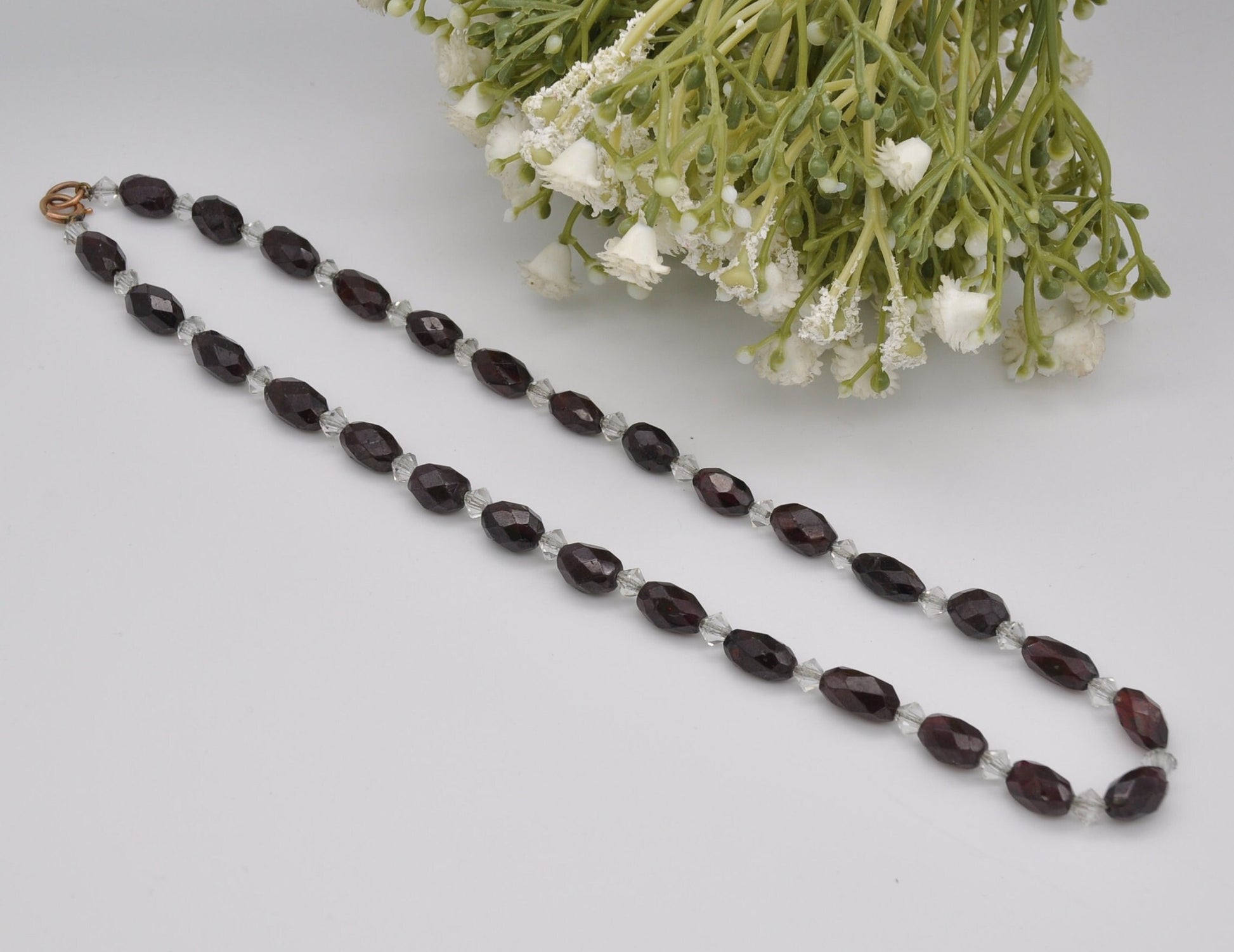 Antique 9ct Gold Clasp Glass Necklace - Victorian Hand Cut Glass Beads / Red Garnet Glass / Oval Beads with Clear Spacers / Original Chain