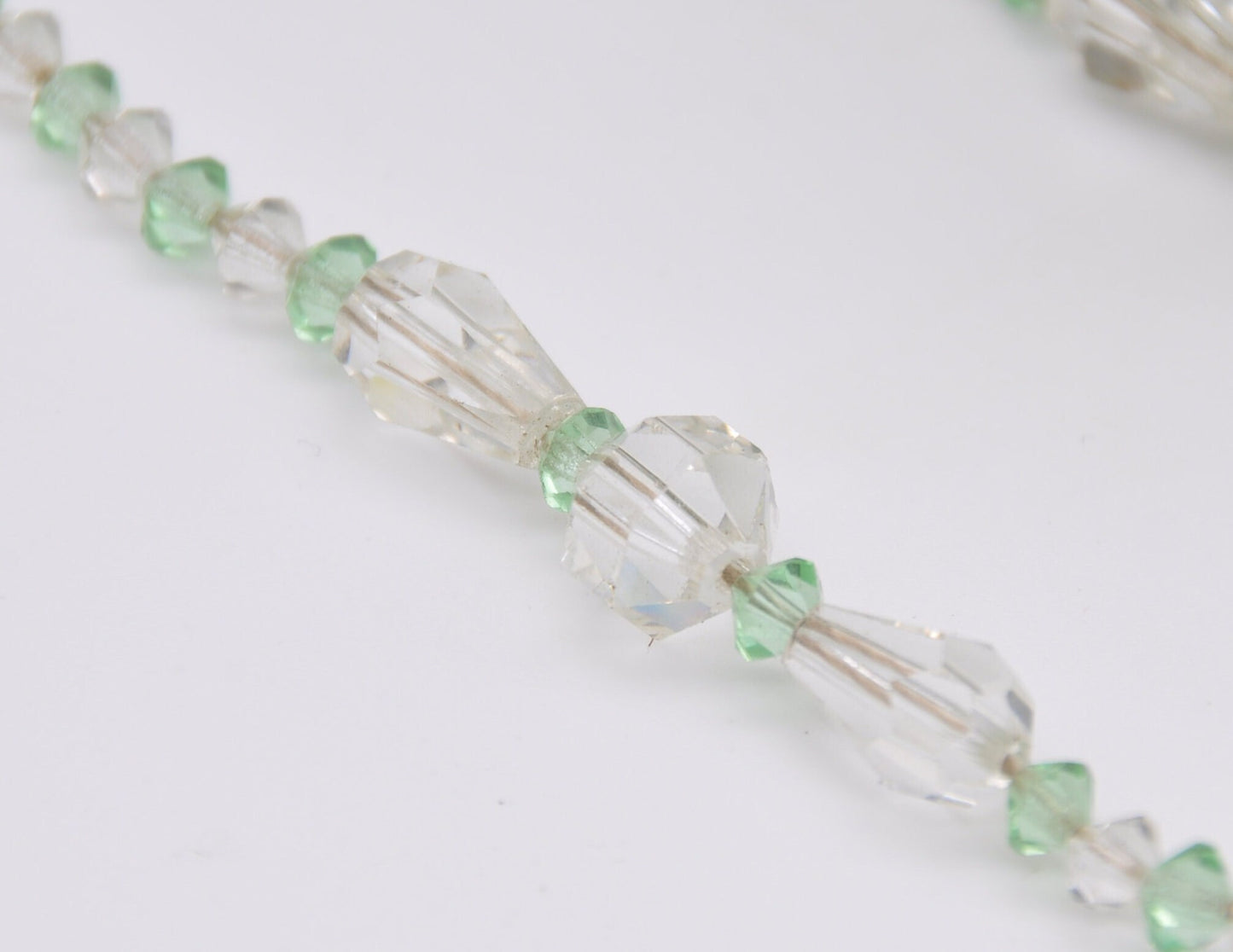 Vintage Art Deco Glass Bead Necklace - Faceted Clear Glass / Graduated Beaded Necklace / Green & Clear Spacers / Statement Party Necklace