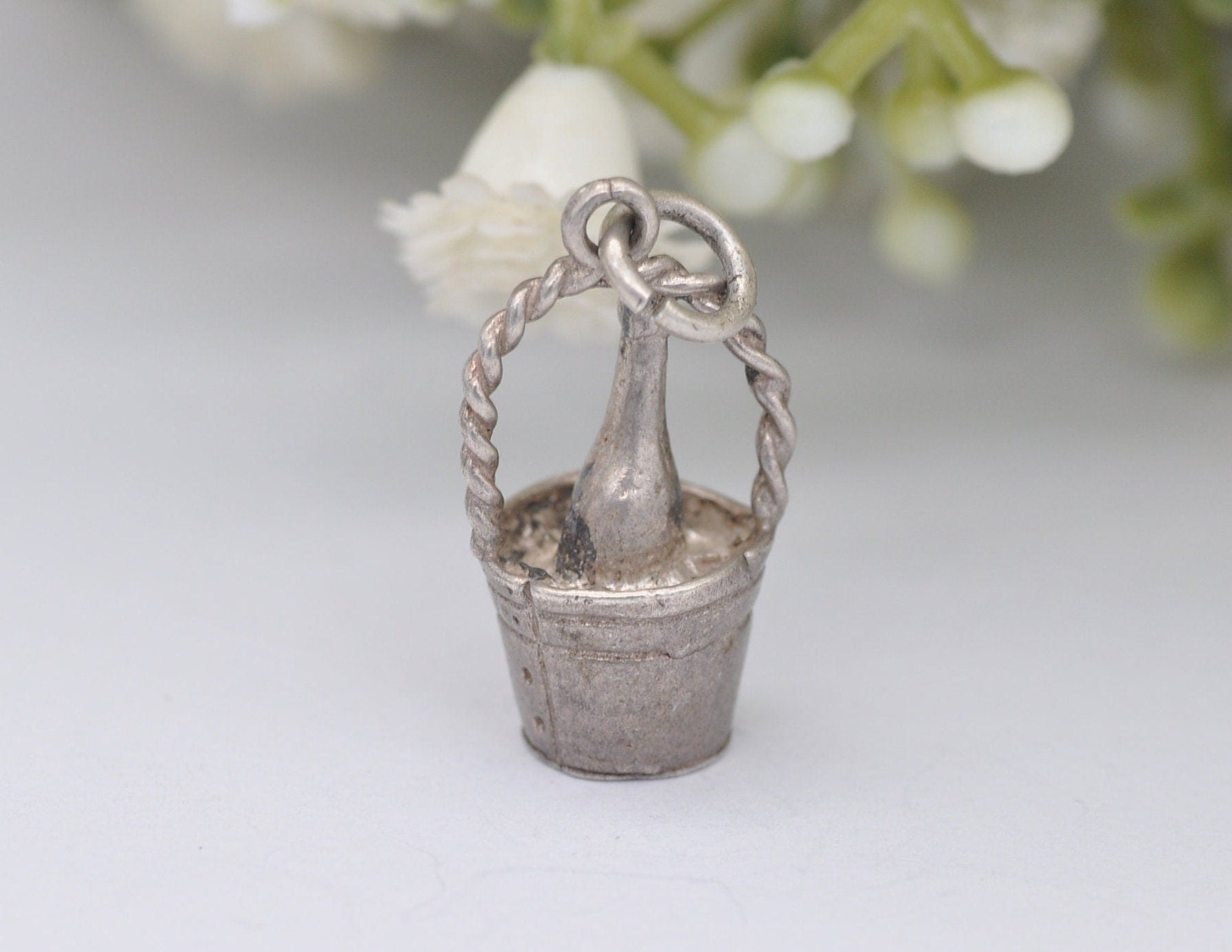 Vintage Sterling Silver Champagne Bottle in Bucket Charm / Pendant - Drinking / Alcohol / Charm Bracelet