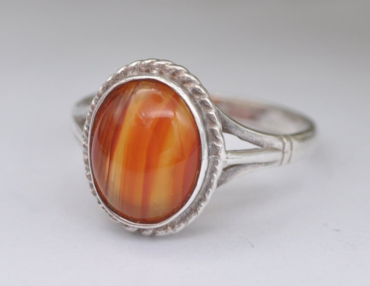 Vintage Sterling Silver and Carnelian Solitaire Ring - Statement / Circle / Rope / Detailed / Agate / Gift / UK Size - M / US Size - 6 1/4