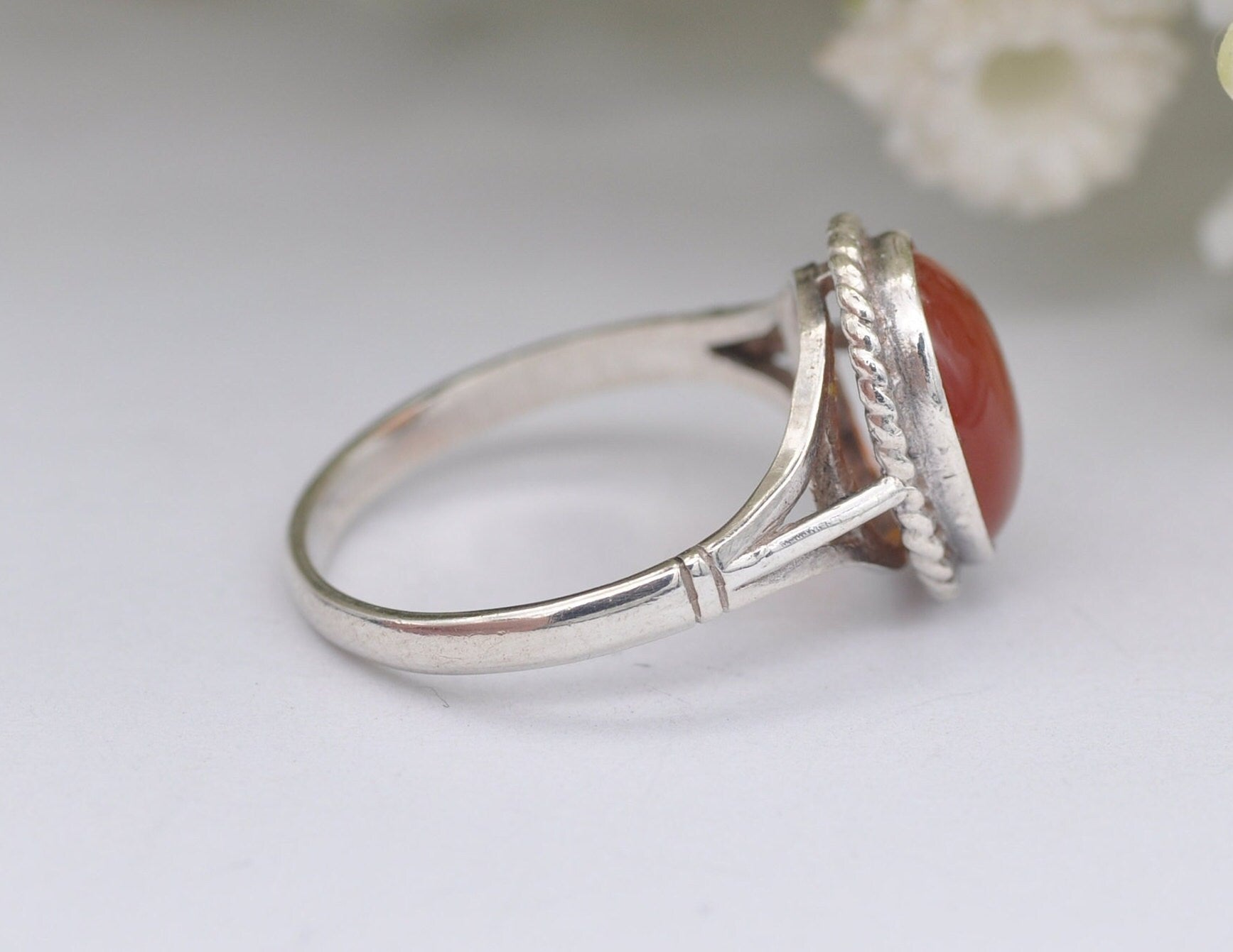 Vintage Sterling Silver and Carnelian Solitaire Ring - Statement / Circle / Rope / Detailed / Agate / Gift / UK Size - M / US Size - 6 1/4