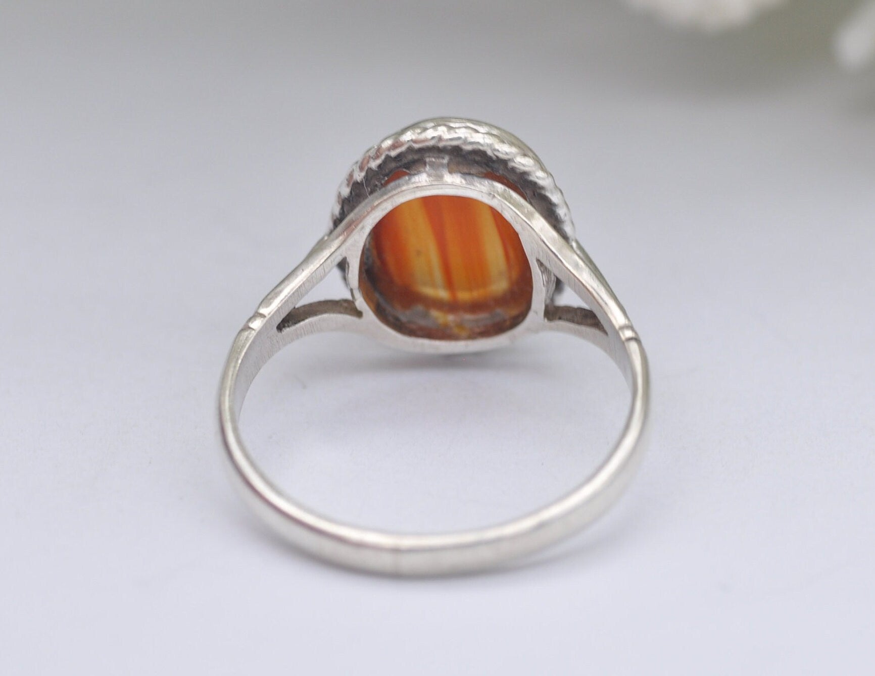 Vintage Sterling Silver and Carnelian Solitaire Ring - Statement / Circle / Rope / Detailed / Agate / Gift / UK Size - M / US Size - 6 1/4