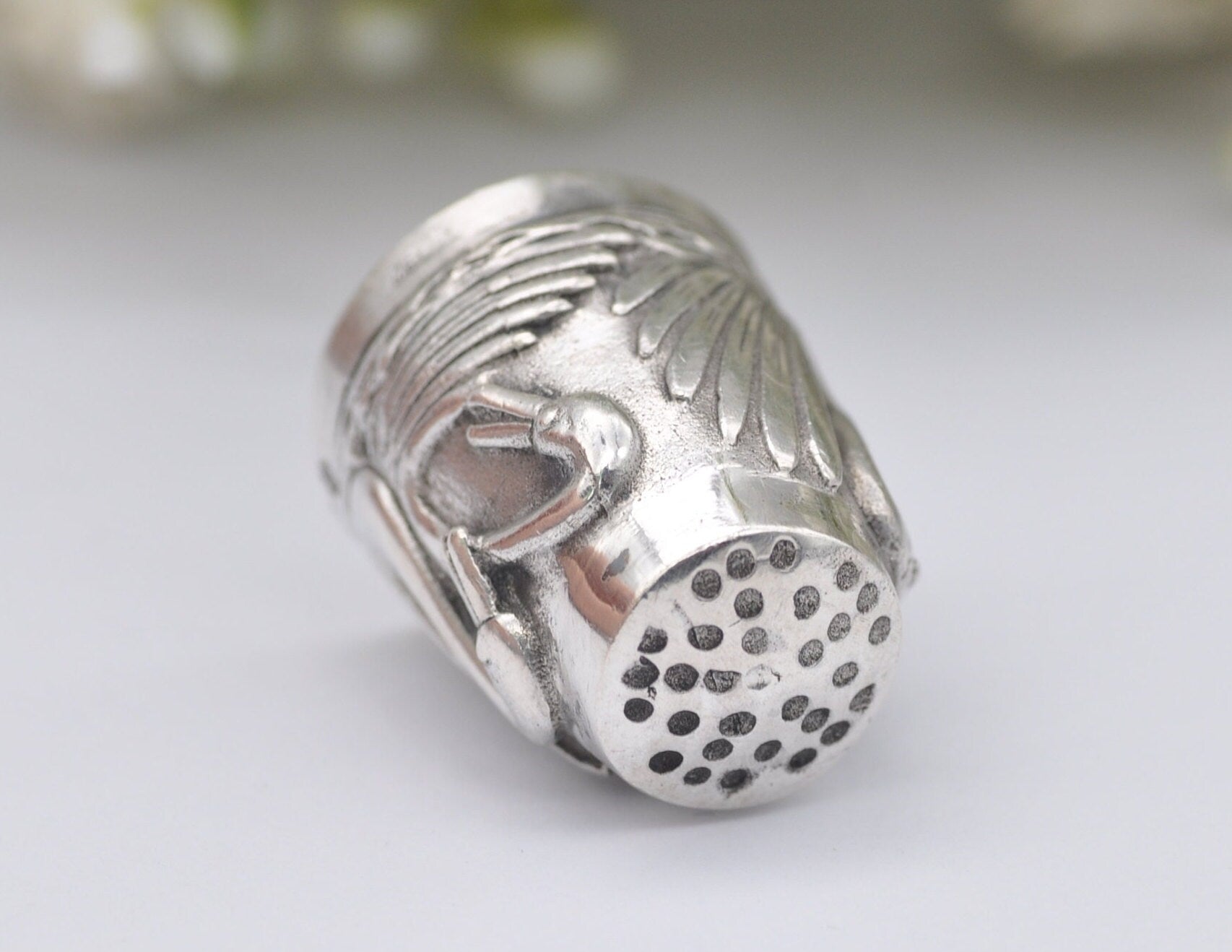 Vintage Sterling Silver Swan Thimble - 13 | Bird | Animal | Crafts | Detailed | Patterned | Silverware | Collectable | Collection