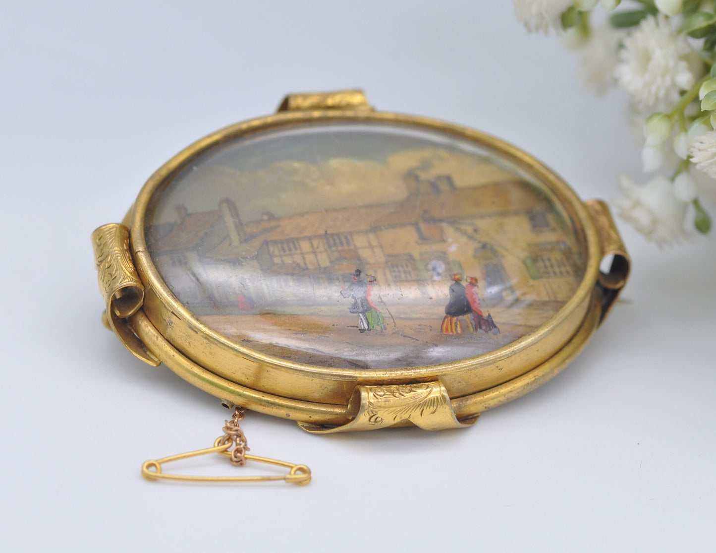 Antique Pinchbeck Brooch - Unusual 3d Effect Picture / Iridescent Painting Relief Glass Street Paining / Victorian Gold Tone / Extended Pin