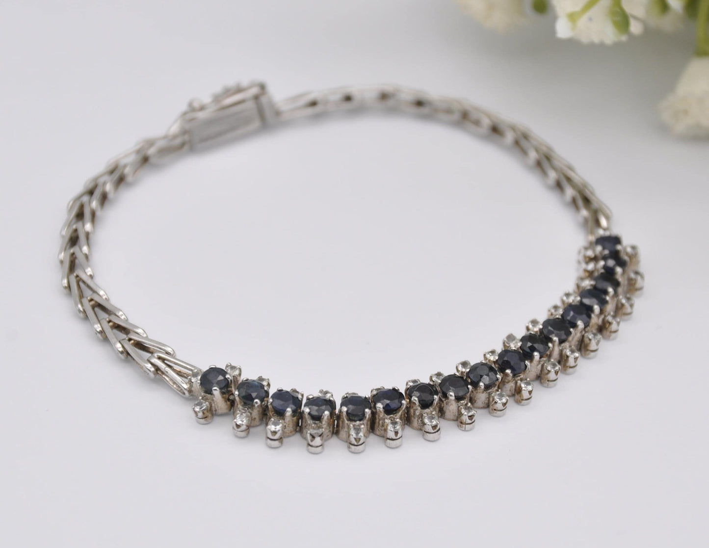 Vintage Silver Blue and White Stone Chain Bracelet - Delicate | Stylish