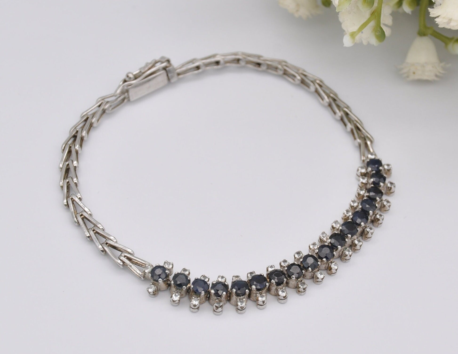 Vintage Silver Blue and White Stone Chain Bracelet - Delicate | Stylish