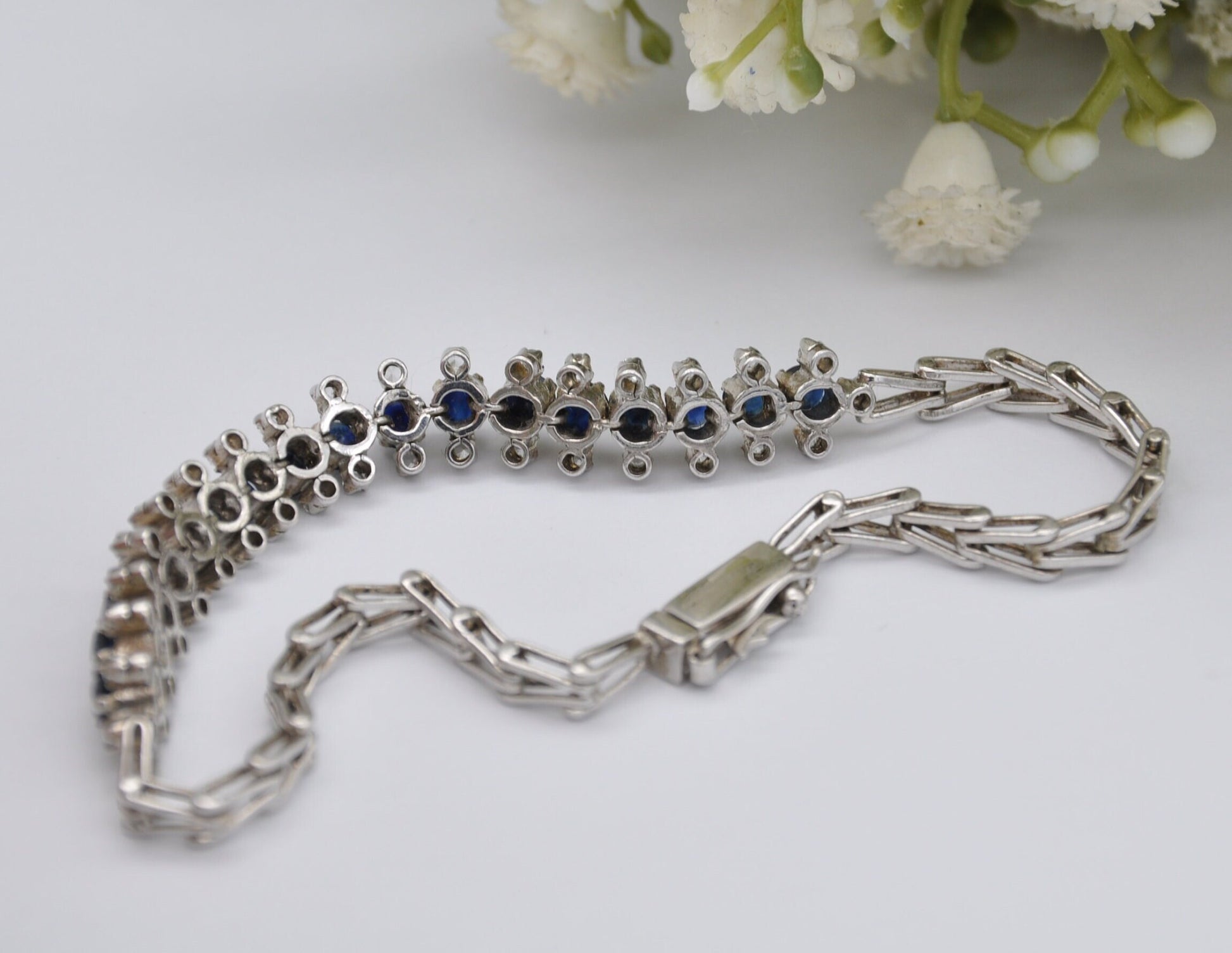 Vintage Silver Blue and White Stone Chain Bracelet - Delicate | Stylish