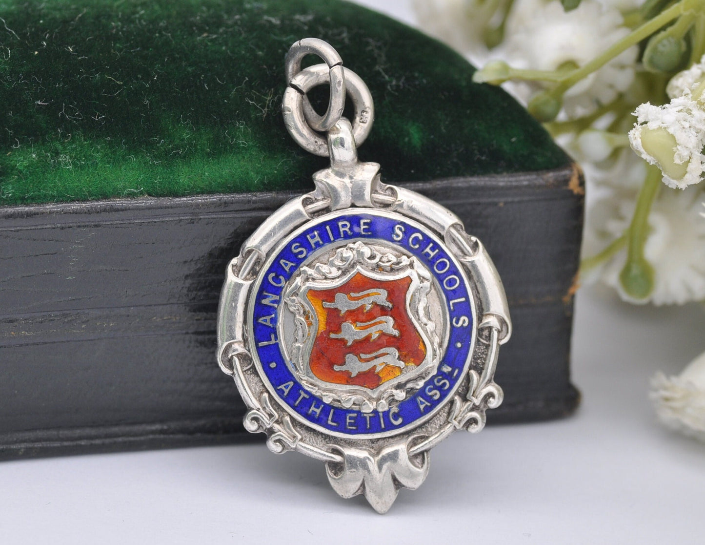 Vintage Sterling Silver and Enamel Lancashire Schools Fob - Athletic / Silver Fob / Pocket Watch Fob / Medal / 1935 / 1930s / Hallmark