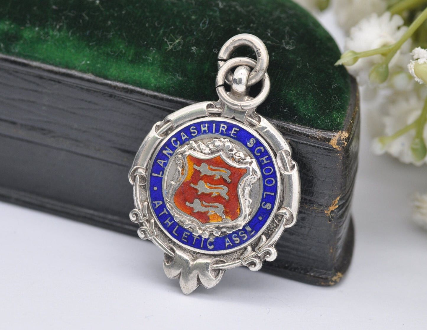 Vintage Sterling Silver and Enamel Lancashire Schools Fob - Athletic / Silver Fob / Pocket Watch Fob / Medal / 1935 / 1930s / Hallmark