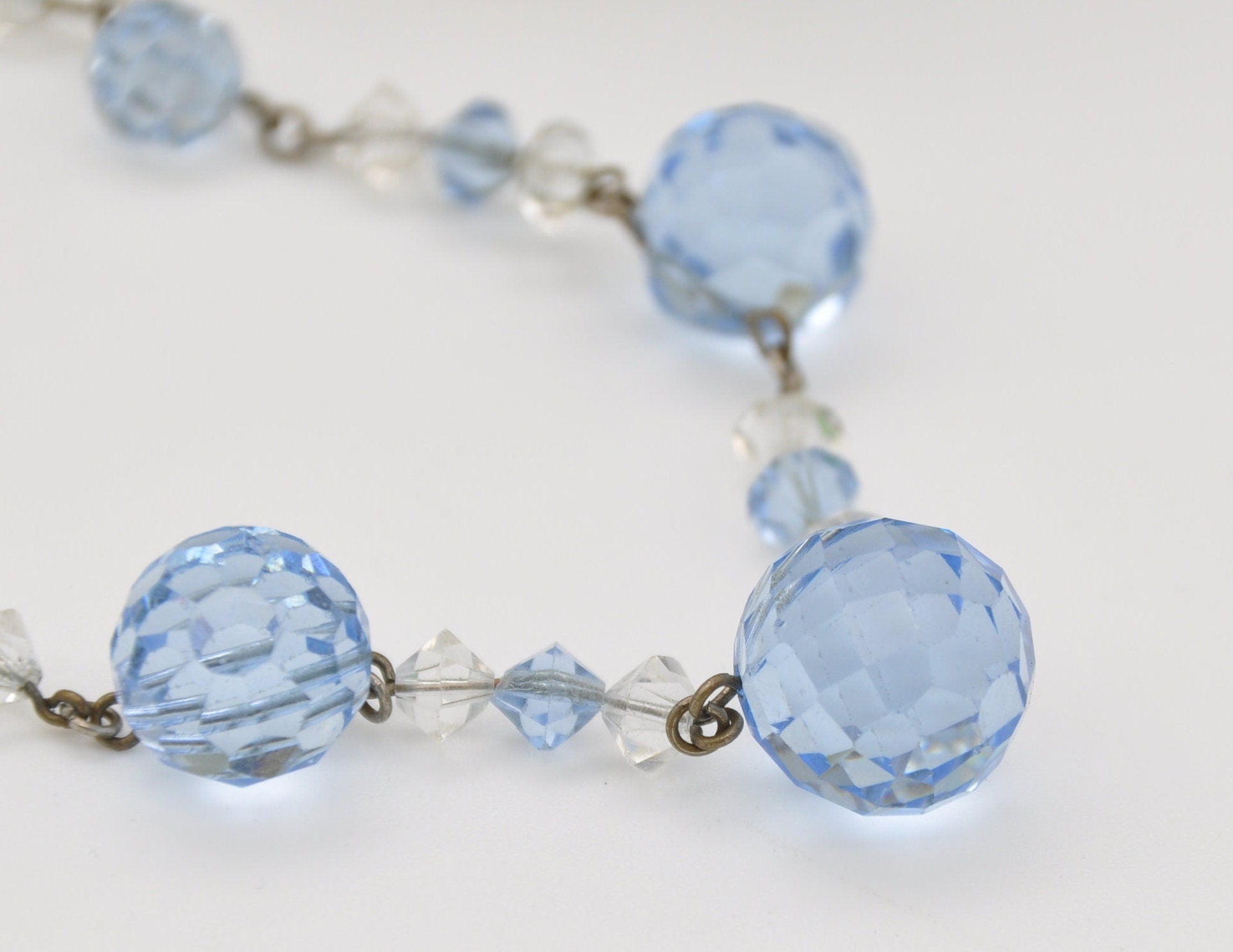 Vintage Art Deco Glass Bead Necklace - Pastel Blue / Faceted Glass Sphere / Colour / Beaded Necklace / Original Chain / Clear Spacer / Czech