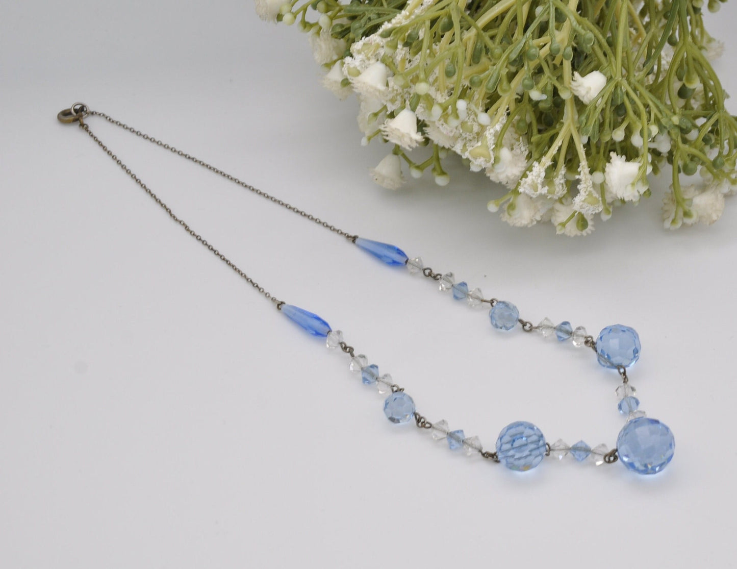 Vintage Art Deco Glass Bead Necklace - Pastel Blue / Faceted Glass Sphere / Colour / Beaded Necklace / Original Chain / Clear Spacer / Czech