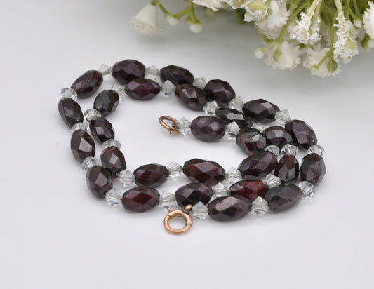 Antique 9ct Gold Clasp Glass Necklace - Victorian Hand Cut Glass Beads / Red Garnet Glass / Oval Beads with Clear Spacers / Original Chain