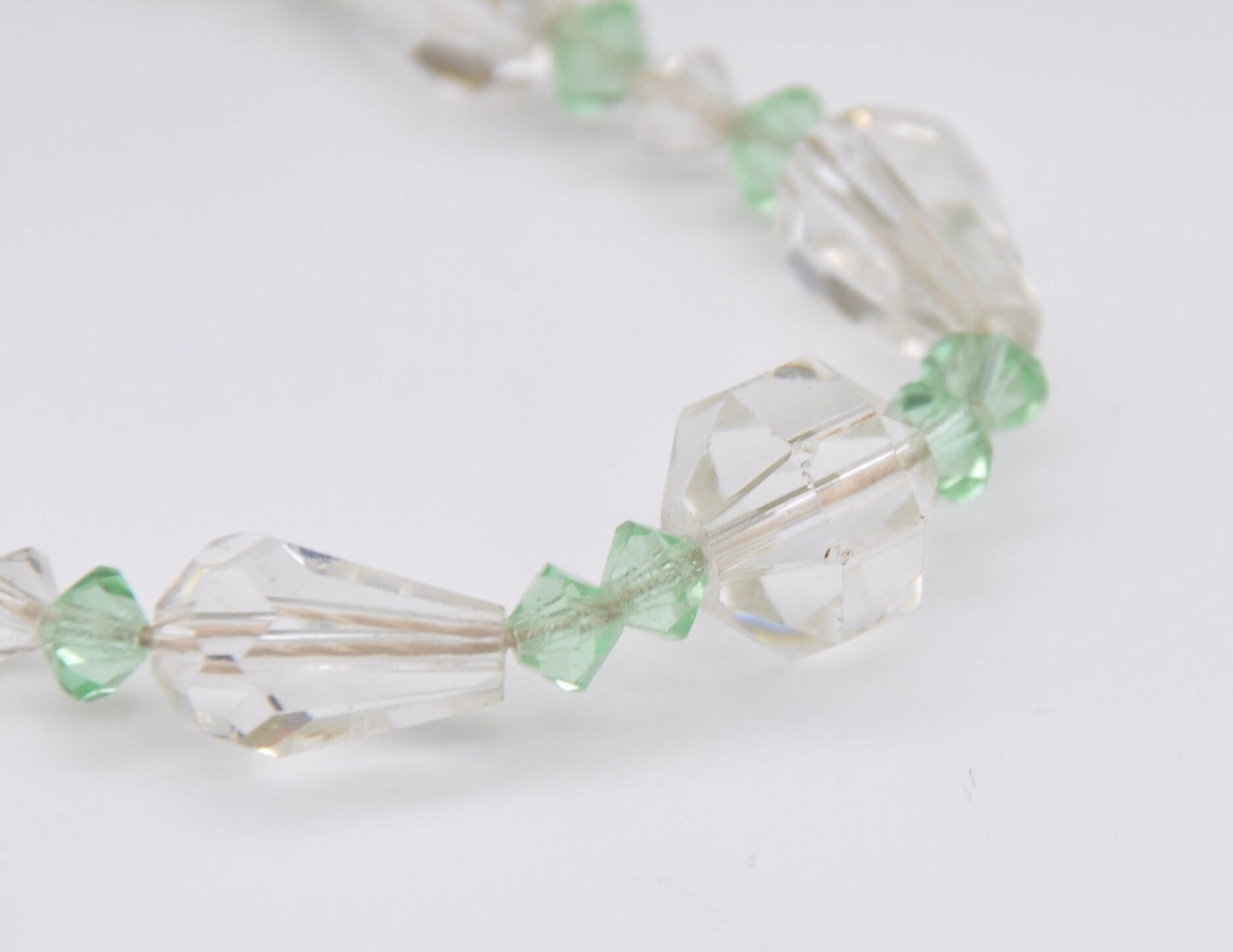 Vintage Art Deco Glass Bead Necklace - Faceted Clear Glass / Graduated Beaded Necklace / Green & Clear Spacers / Statement Party Necklace