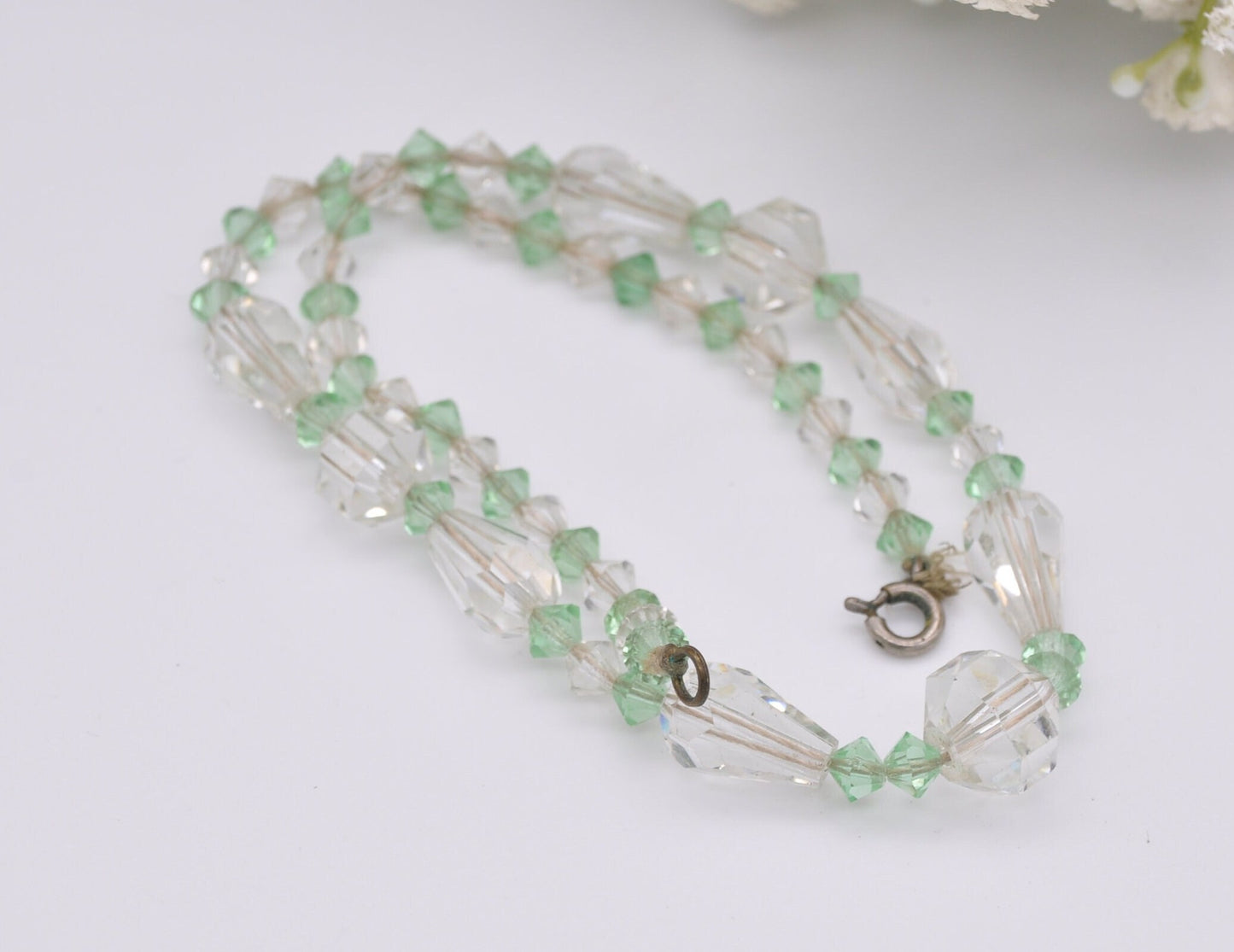 Vintage Art Deco Glass Bead Necklace - Faceted Clear Glass / Graduated Beaded Necklace / Green & Clear Spacers / Statement Party Necklace