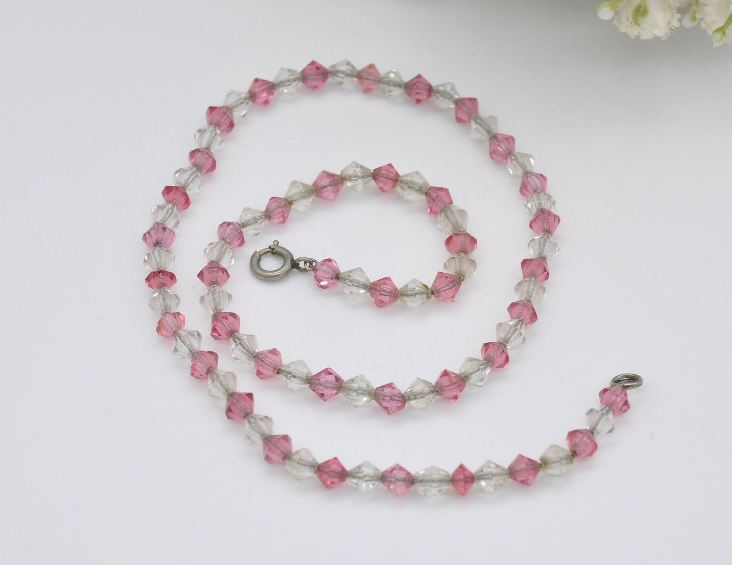 Vintage Art Deco Glass Bead Necklace - Faceted Pink & Clear Glass Beaded Necklace / Original Chain / Sparkly Choker / C-Clasp / Diamond Bead