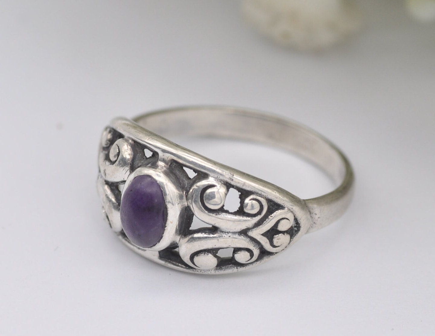 Vintage Sterling Silver Amethyst Celtic Ring - Statement / Scottish / Irish / Patterned / 925 / UK Size - M / US Size - 6 1/4