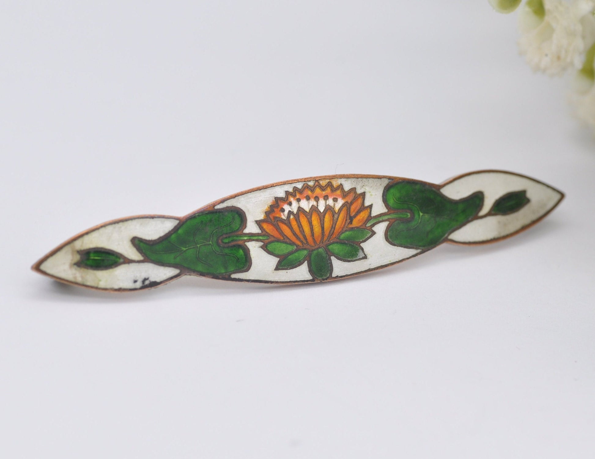 Vintage Enamel Flower Brooch - Floral | Foliate | Leaf | Nature | Green | Statement | Celtic | Costume Jewellery