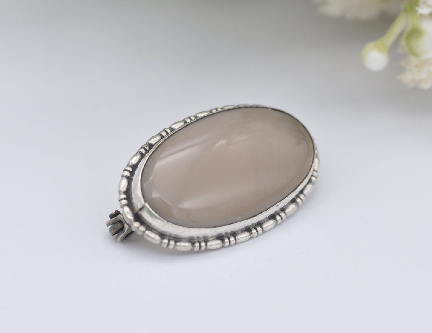 Vintage Silver and Chalcedony Brooch - Oval / 835 Silver / Statement / 925 / Pin