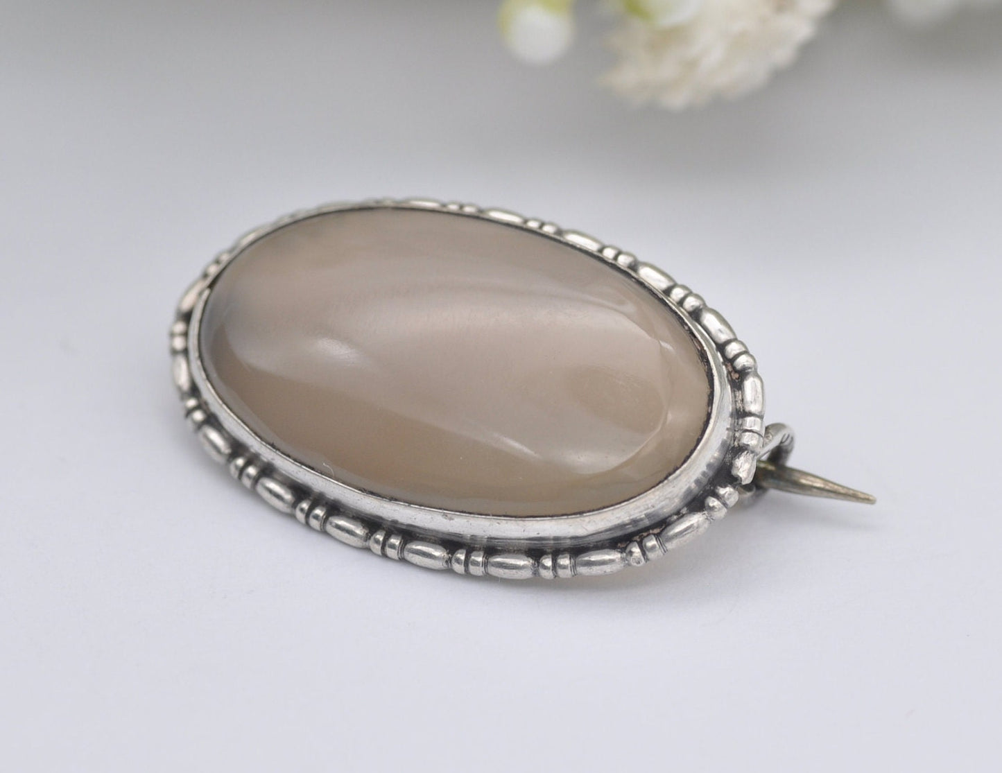 Vintage Silver and Chalcedony Brooch - Oval / 835 Silver / Statement / 925 / Pin