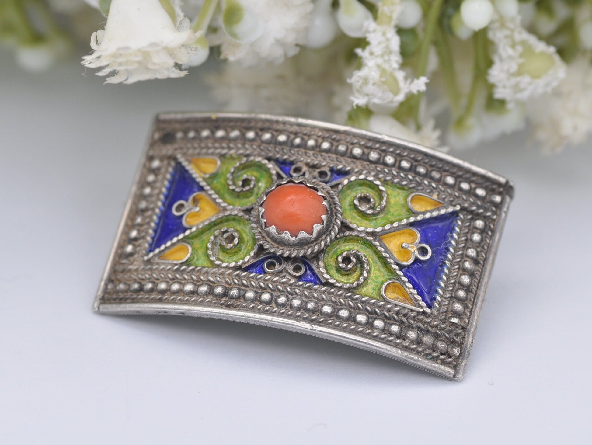 Antique Champleve Silver and Coral Enamel Brooch - Art Nouveau / French Jewellery / Floral / Orange Stone / Green / Ornate / Detailed