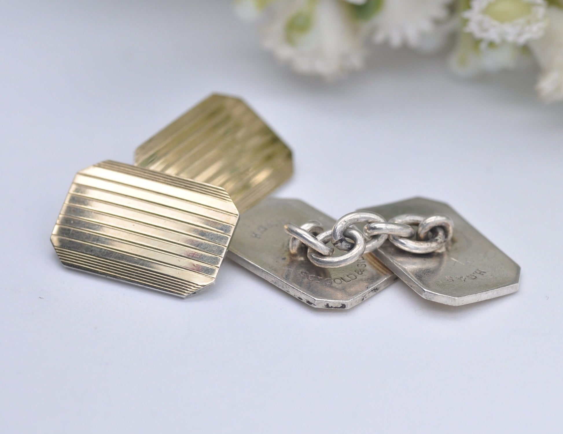 Vintage 9ct Gold and Silver H.G&S Cuff Links - Henry Griffith and Sons / Gold on Silver / Pattern / CuffLinks / Professional