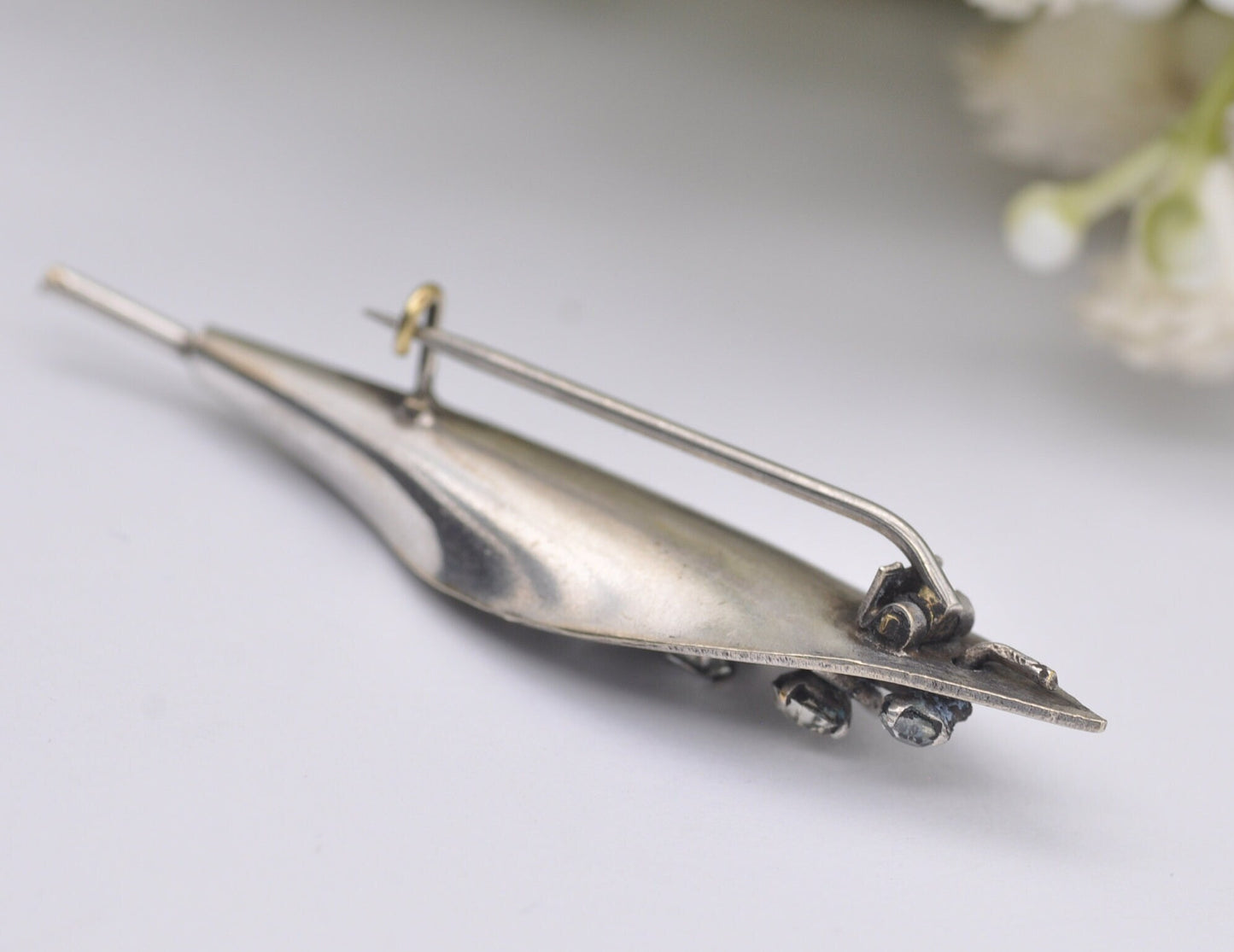 Antique Silver Lily of the Valley Brooch - Flower | Leaf | White Stone | Pin | Floral