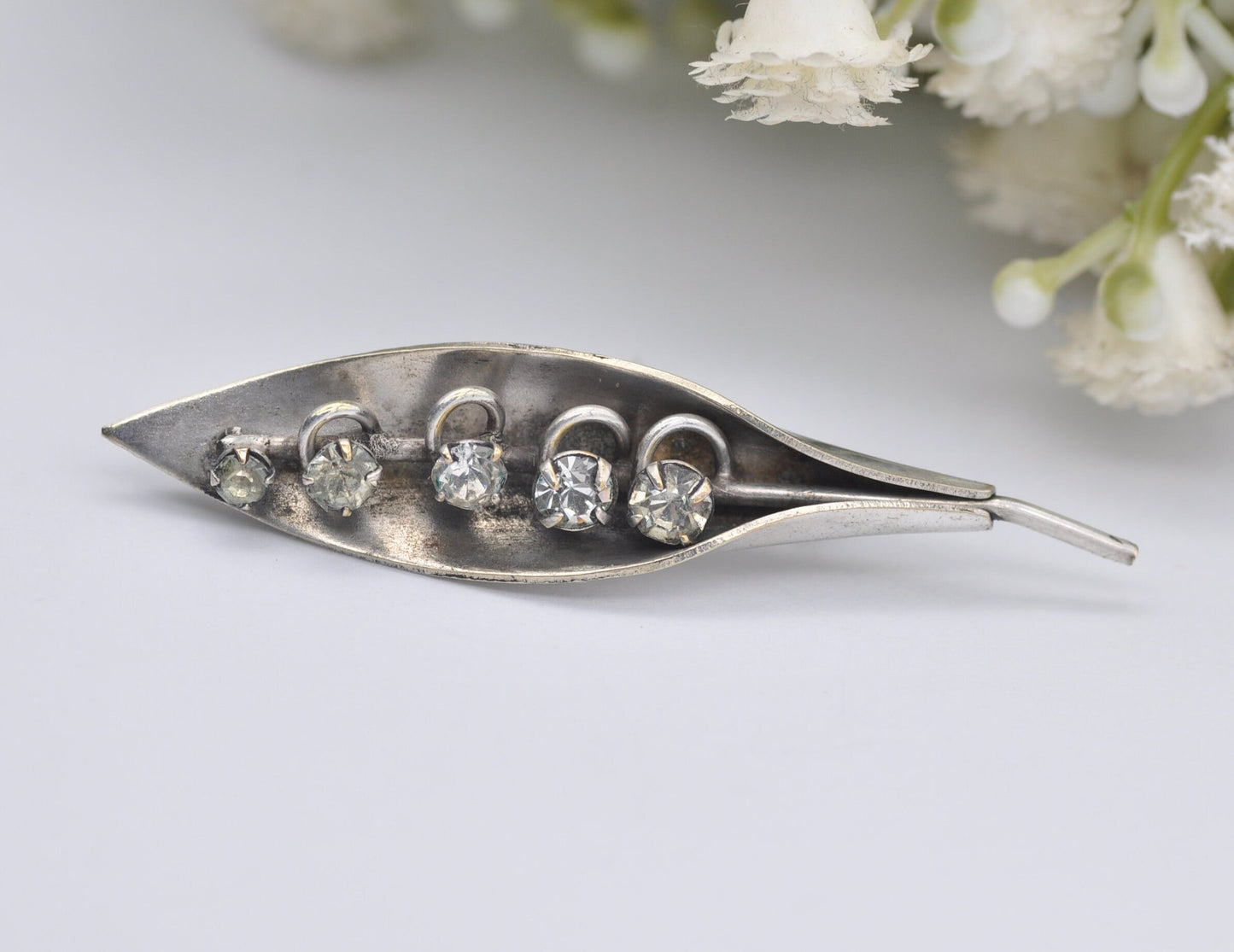 Antique Silver Lily of the Valley Brooch - Flower | Leaf | White Stone | Pin | Floral