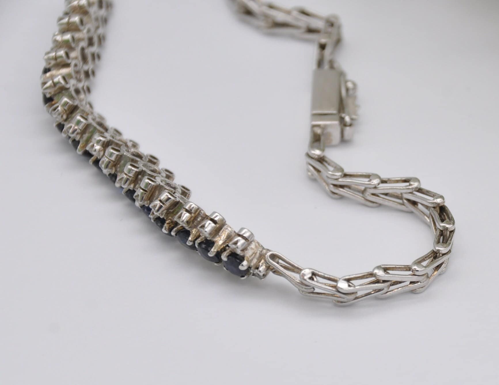 Vintage Silver Blue and White Stone Chain Bracelet - Delicate | Stylish