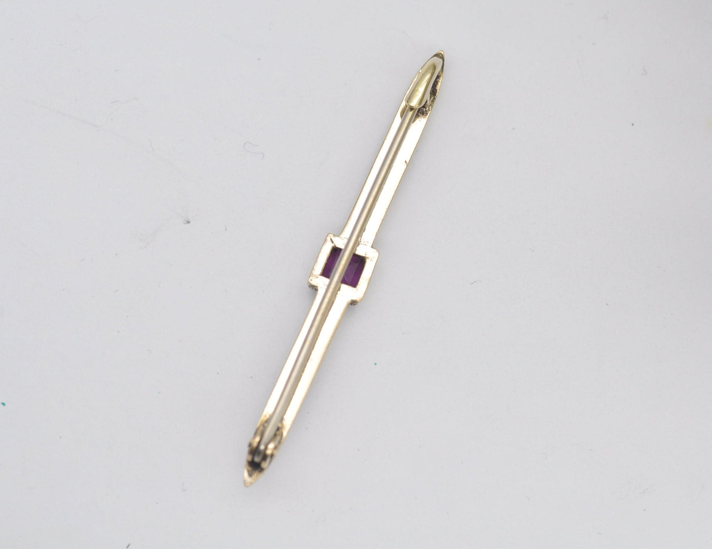 Vintage Gold Amethyst & Enamel Bar Brooch - Victorian Style / Detailed / Purple Stone / Pin