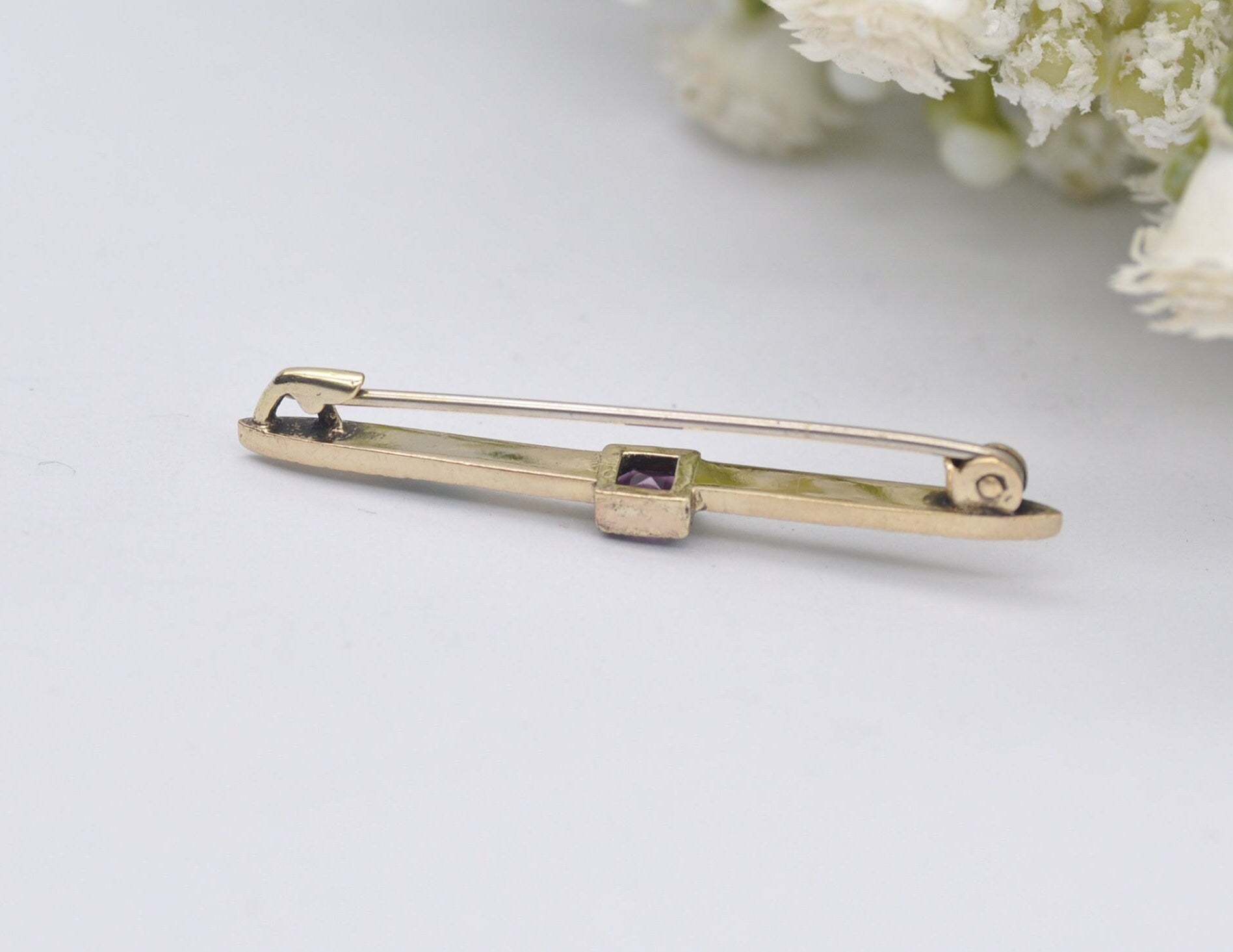 Vintage Gold Amethyst & Enamel Bar Brooch - Victorian Style / Detailed / Purple Stone / Pin