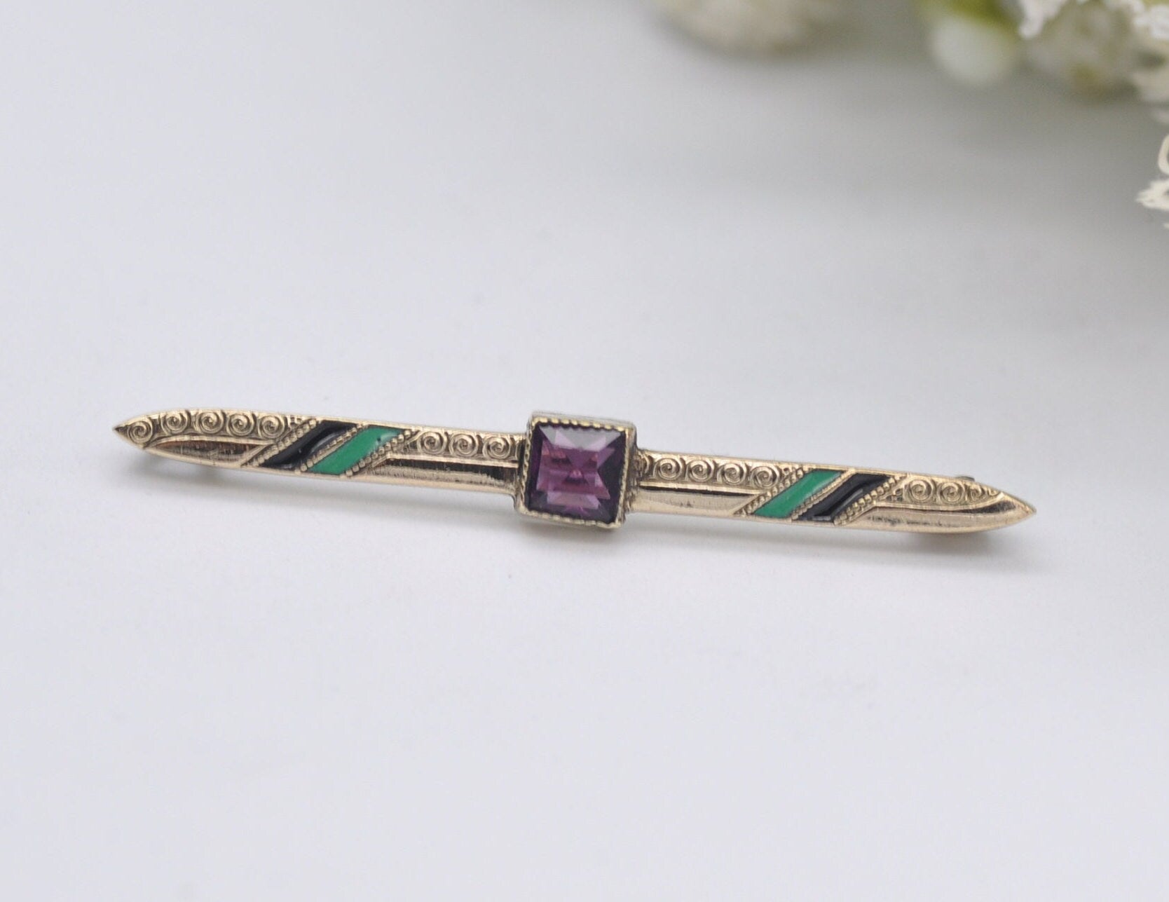 Vintage Gold Amethyst & Enamel Bar Brooch - Victorian Style / Detailed / Purple Stone / Pin