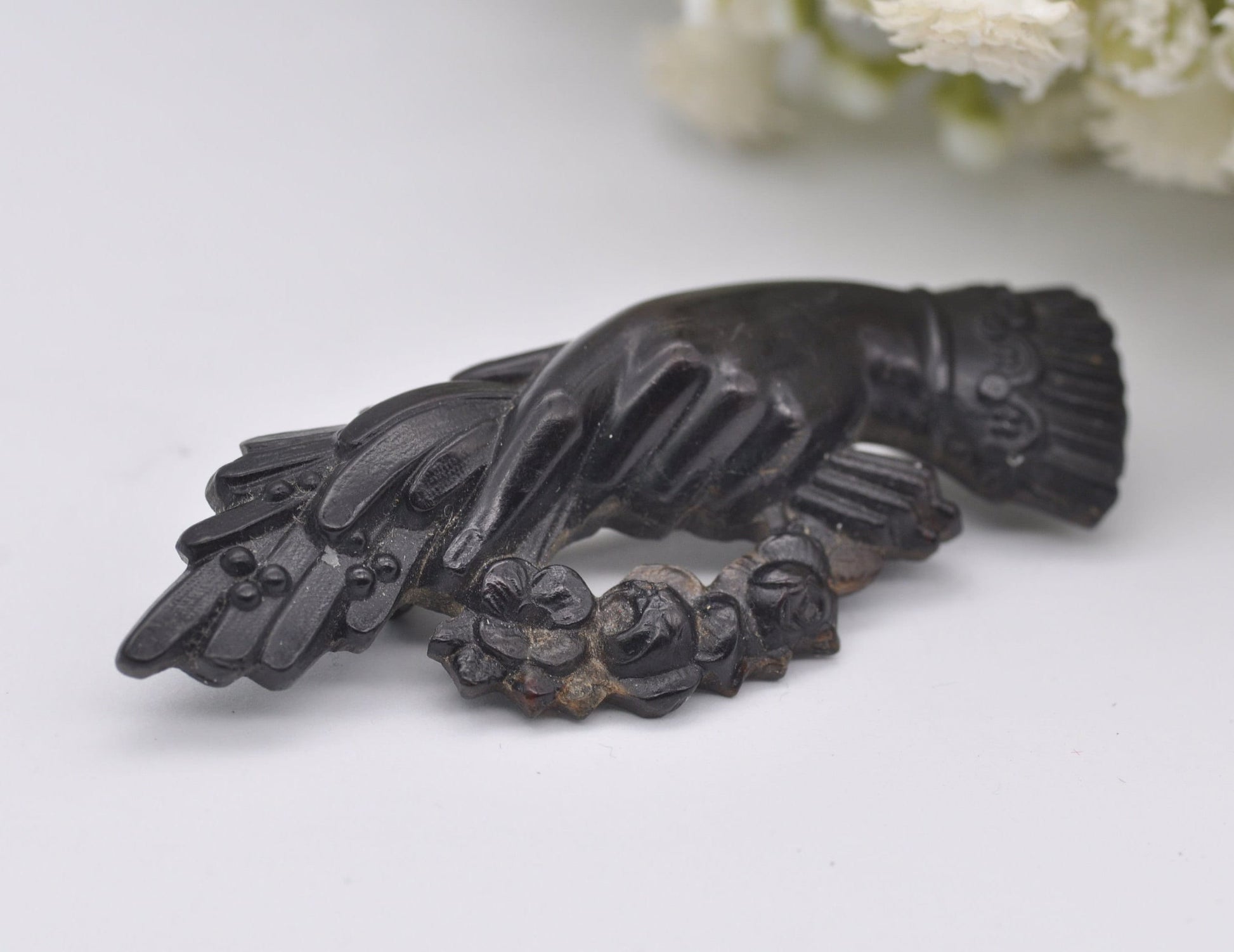 Victorian Jet Mourning Hand Brooch - Floral / Wreath / Antique / Pin / Detailed / Collectors / Black