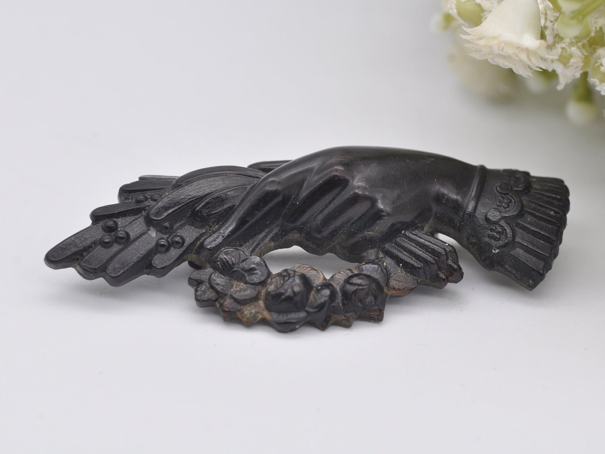 Victorian Jet Mourning Hand Brooch - Floral / Wreath / Antique / Pin / Detailed / Collectors / Black