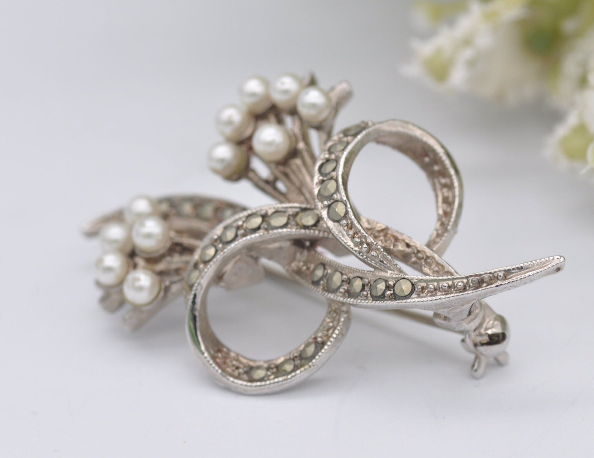 Vintage Silver Tone Exquisite Flower Brooch - Faux Pearl / Floral / Marcasite / Statement / Nature