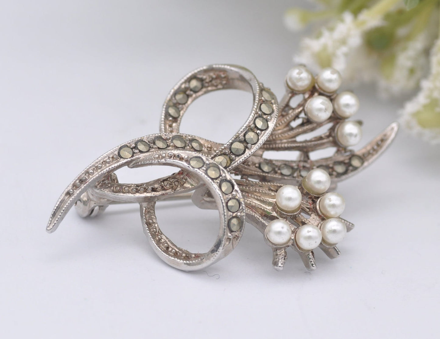 Vintage Silver Tone Exquisite Flower Brooch - Faux Pearl / Floral / Marcasite / Statement / Nature