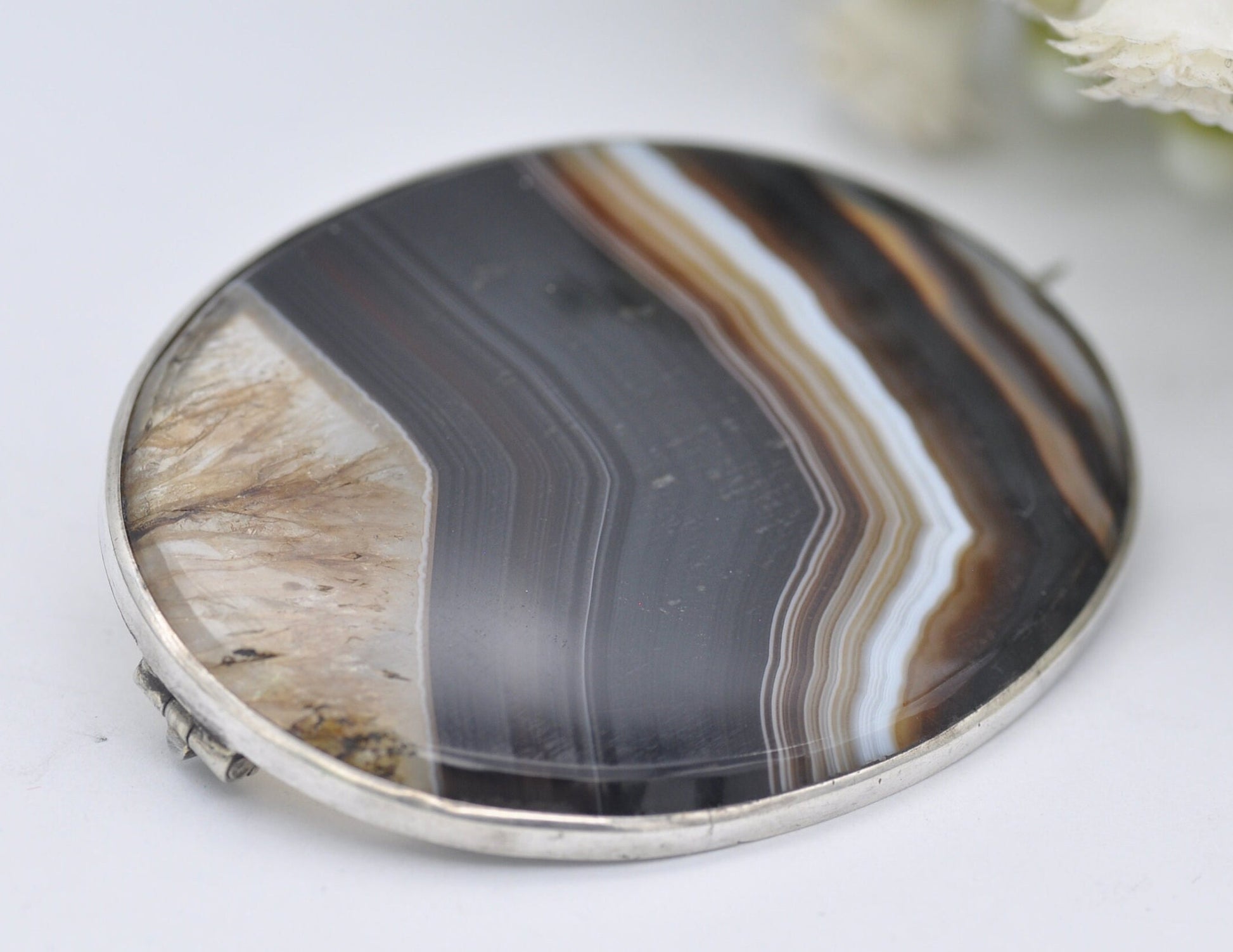 Antique Sterling Silver and Banded Agate Brooch - Black Stone / Oval / Statement / Pin / 925