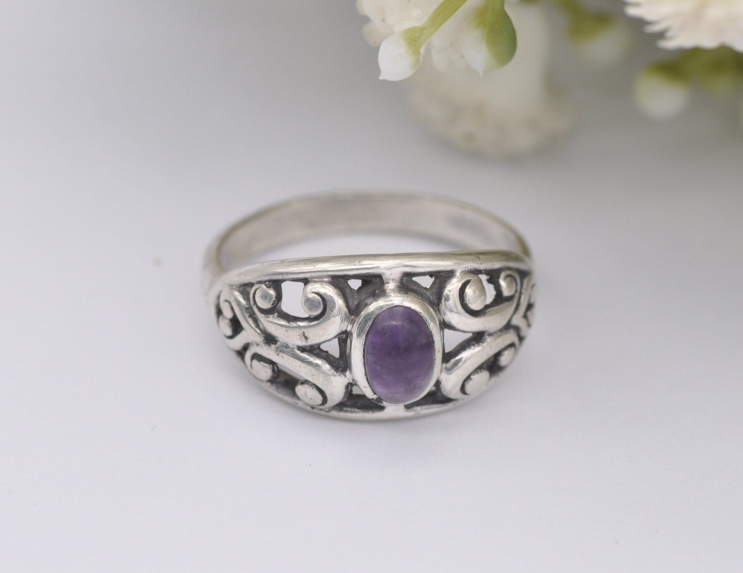 Vintage Sterling Silver Amethyst Celtic Ring - Statement / Scottish / Irish / Patterned / 925 / UK Size - M / US Size - 6 1/4