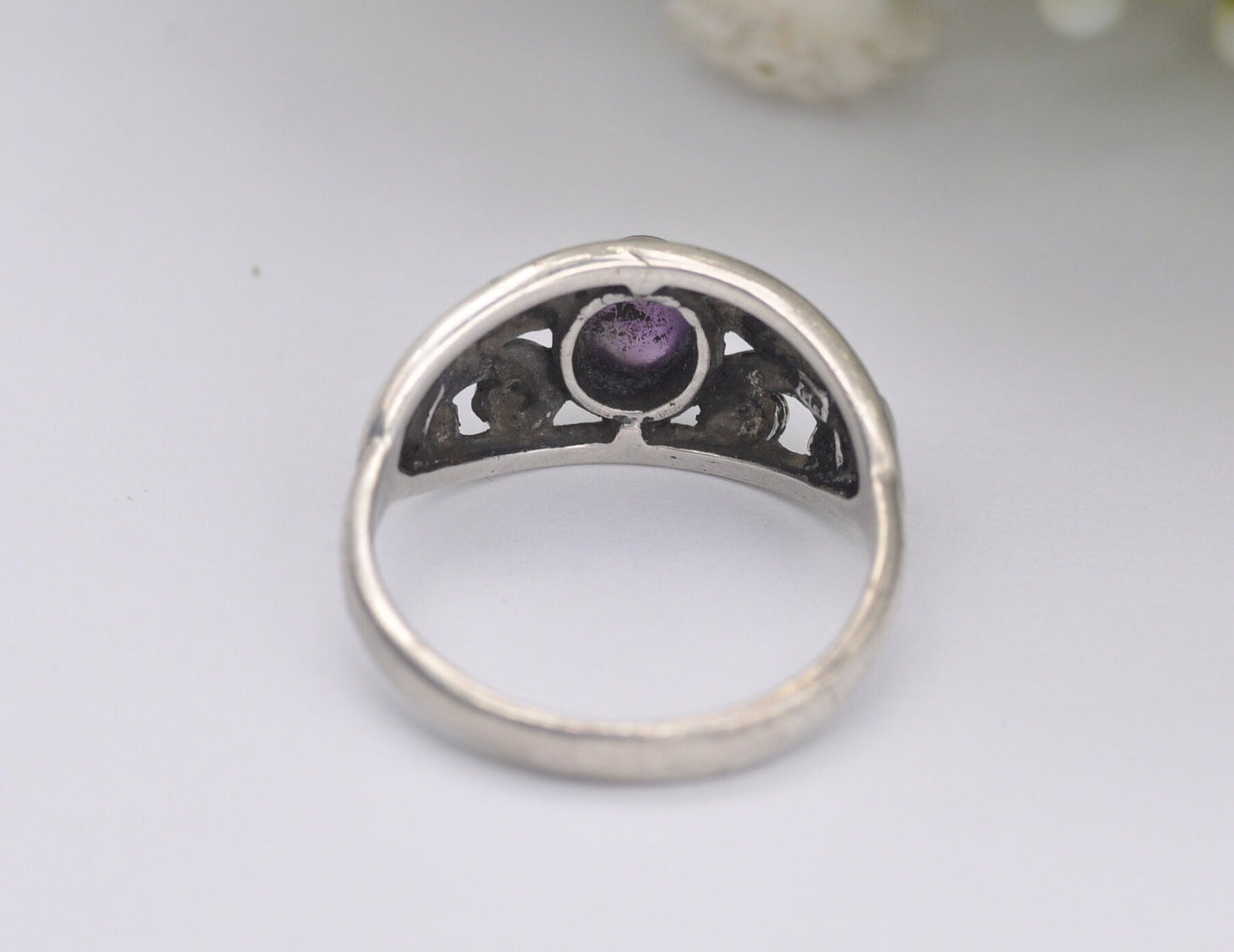 Vintage Sterling Silver Amethyst Celtic Ring - Statement / Scottish / Irish / Patterned / 925 / UK Size - M / US Size - 6 1/4