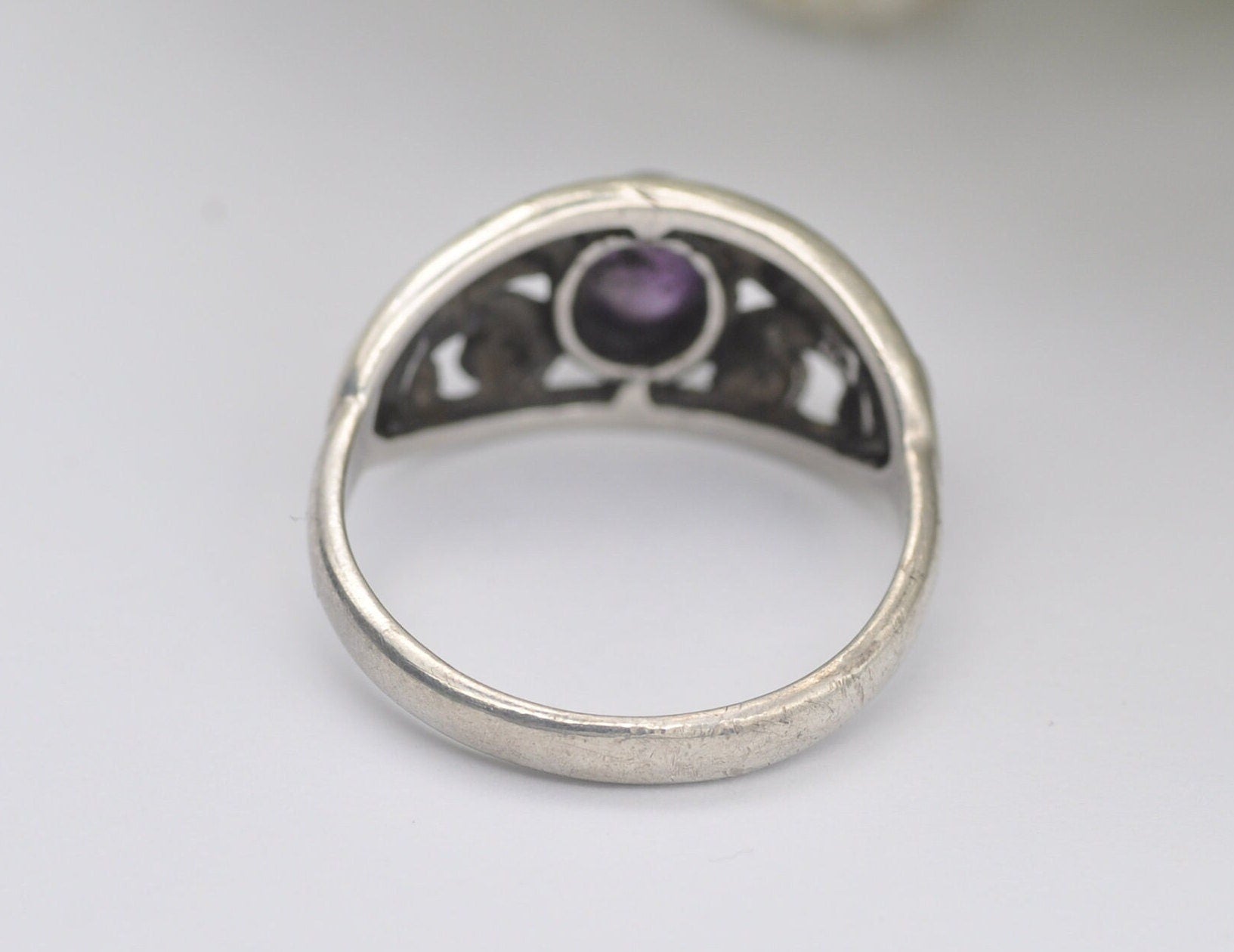 Vintage Sterling Silver Amethyst Celtic Ring - Statement / Scottish / Irish / Patterned / 925 / UK Size - M / US Size - 6 1/4