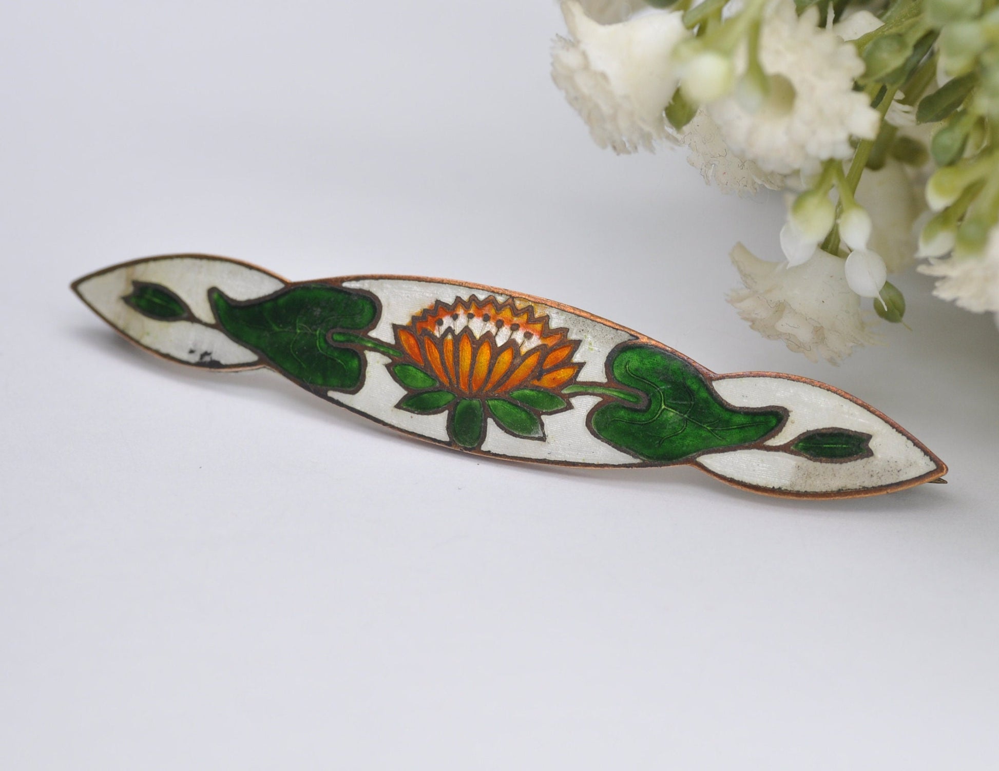 Vintage Enamel Flower Brooch - Floral | Foliate | Leaf | Nature | Green | Statement | Celtic | Costume Jewellery