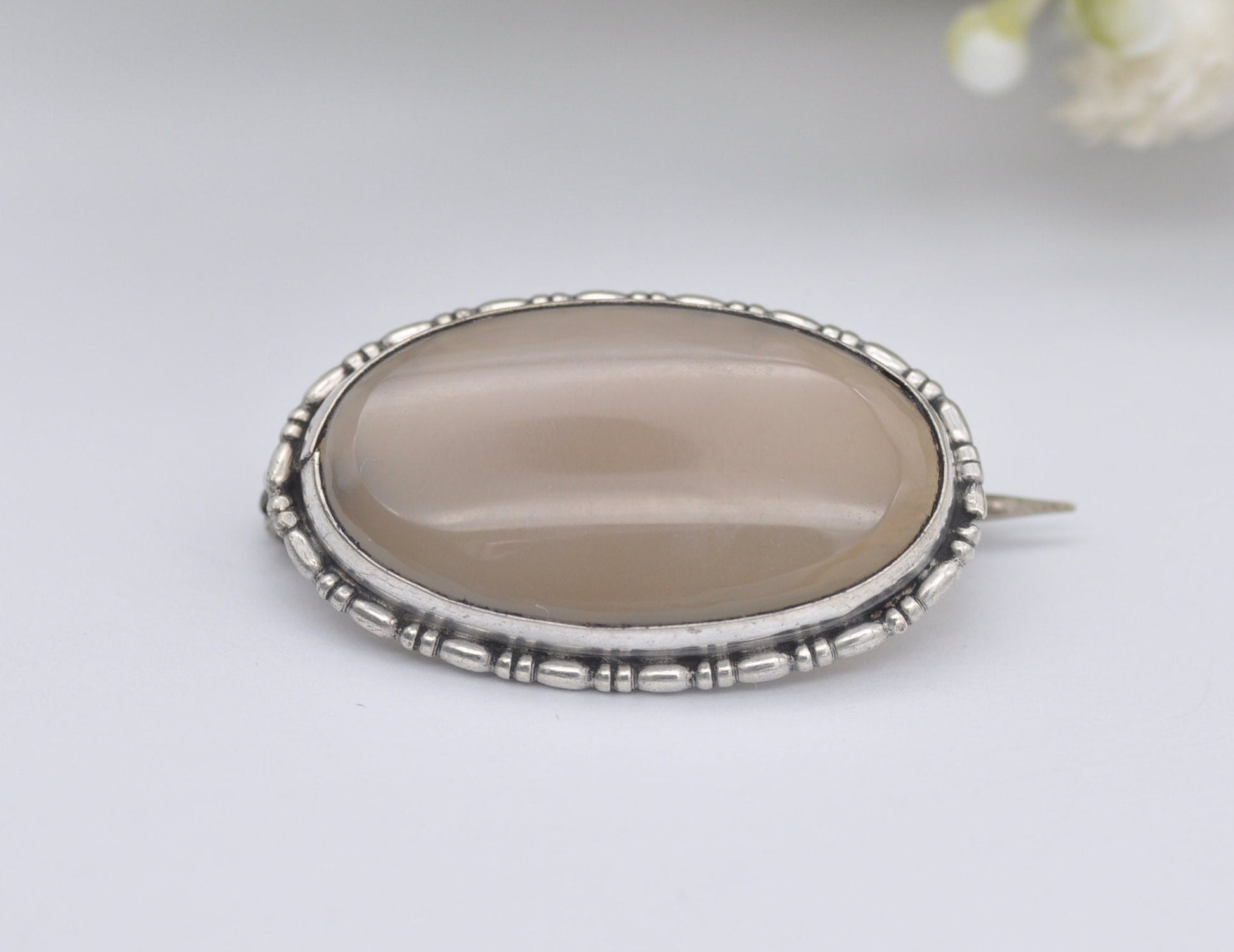 Vintage Silver and Chalcedony Brooch - Oval / 835 Silver / Statement / 925 / Pin