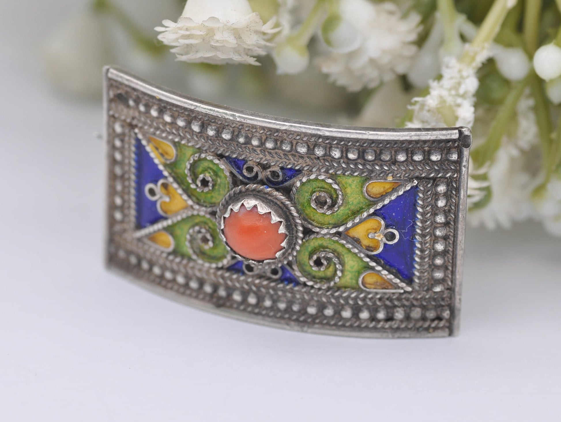 Antique Champleve Silver and Coral Enamel Brooch - Art Nouveau / French Jewellery / Floral / Orange Stone / Green / Ornate / Detailed