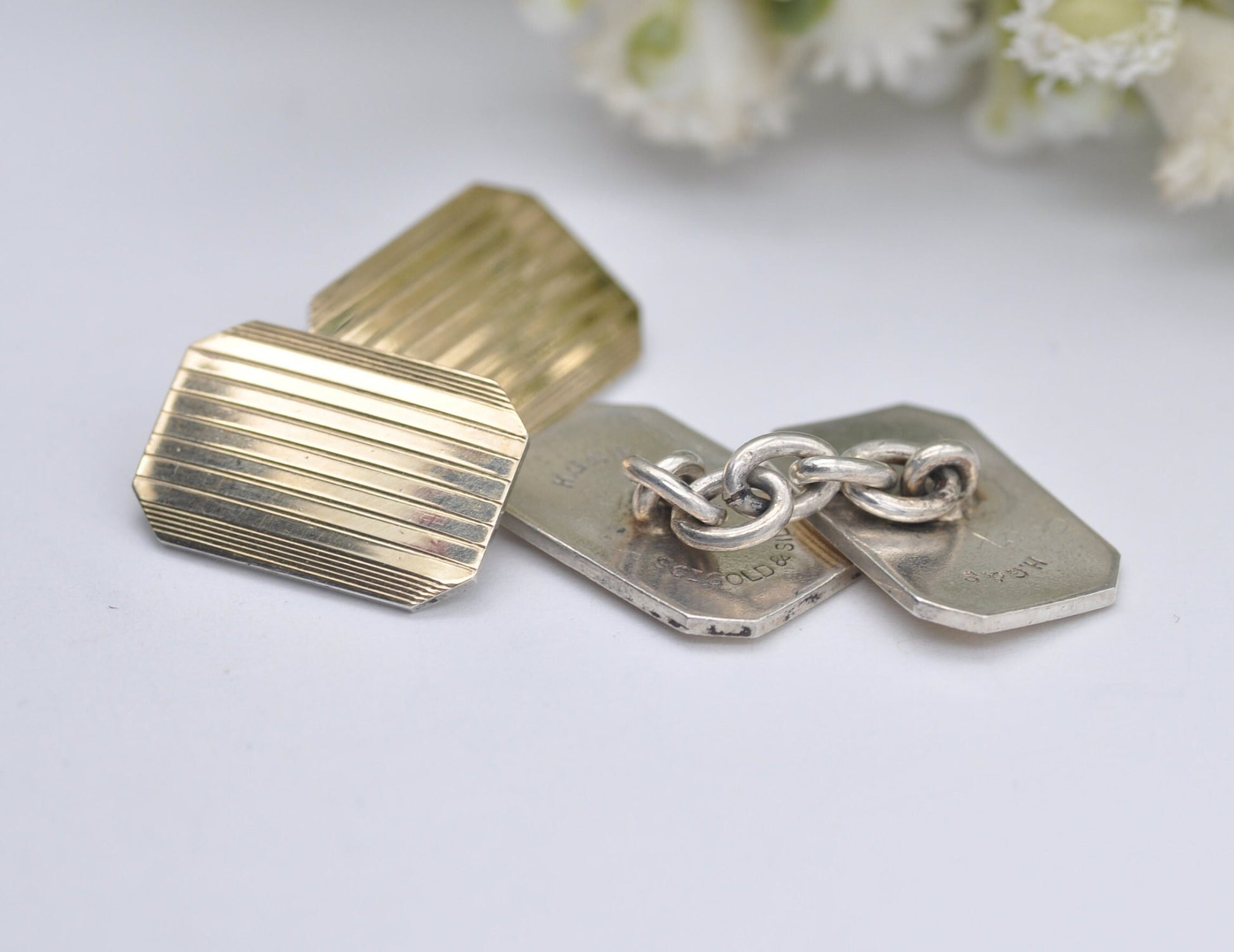 Vintage 9ct Gold and Silver H.G&S Cuff Links - Henry Griffith and Sons / Gold on Silver / Pattern / CuffLinks / Professional
