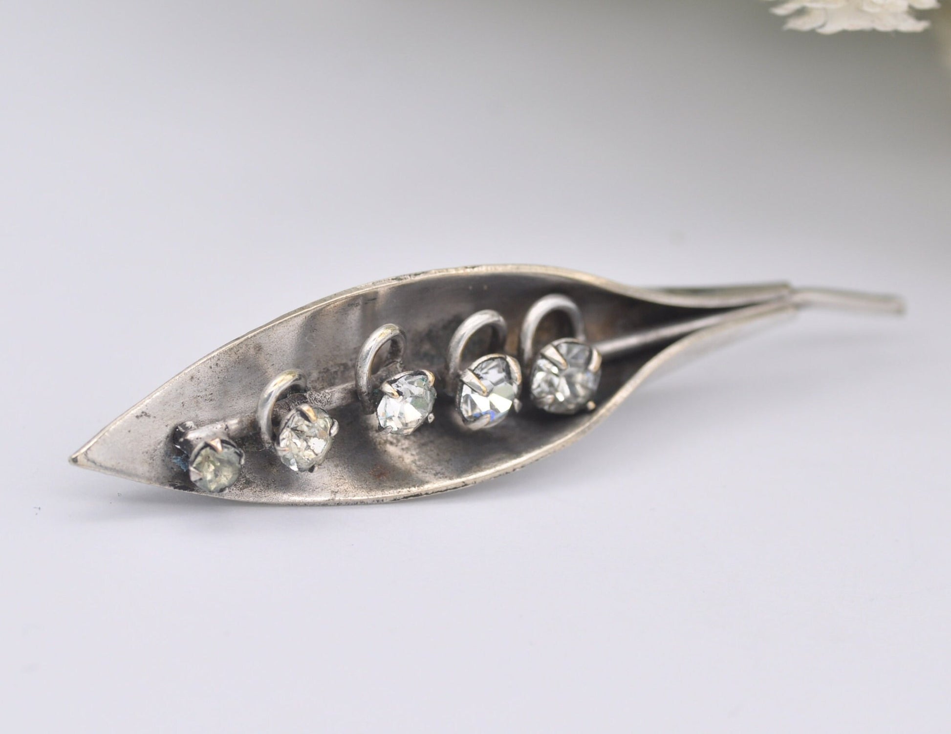 Antique Silver Lily of the Valley Brooch - Flower | Leaf | White Stone | Pin | Floral