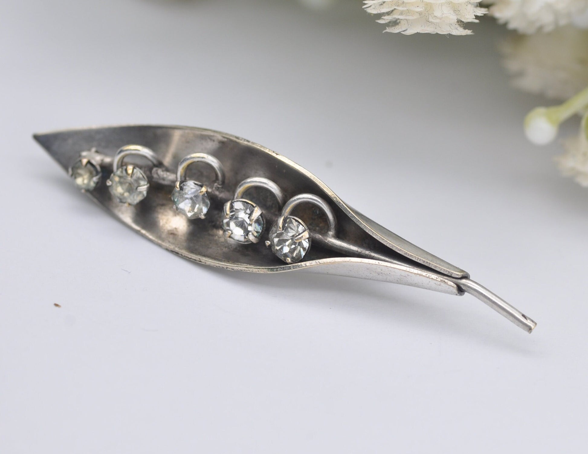 Antique Silver Lily of the Valley Brooch - Flower | Leaf | White Stone | Pin | Floral