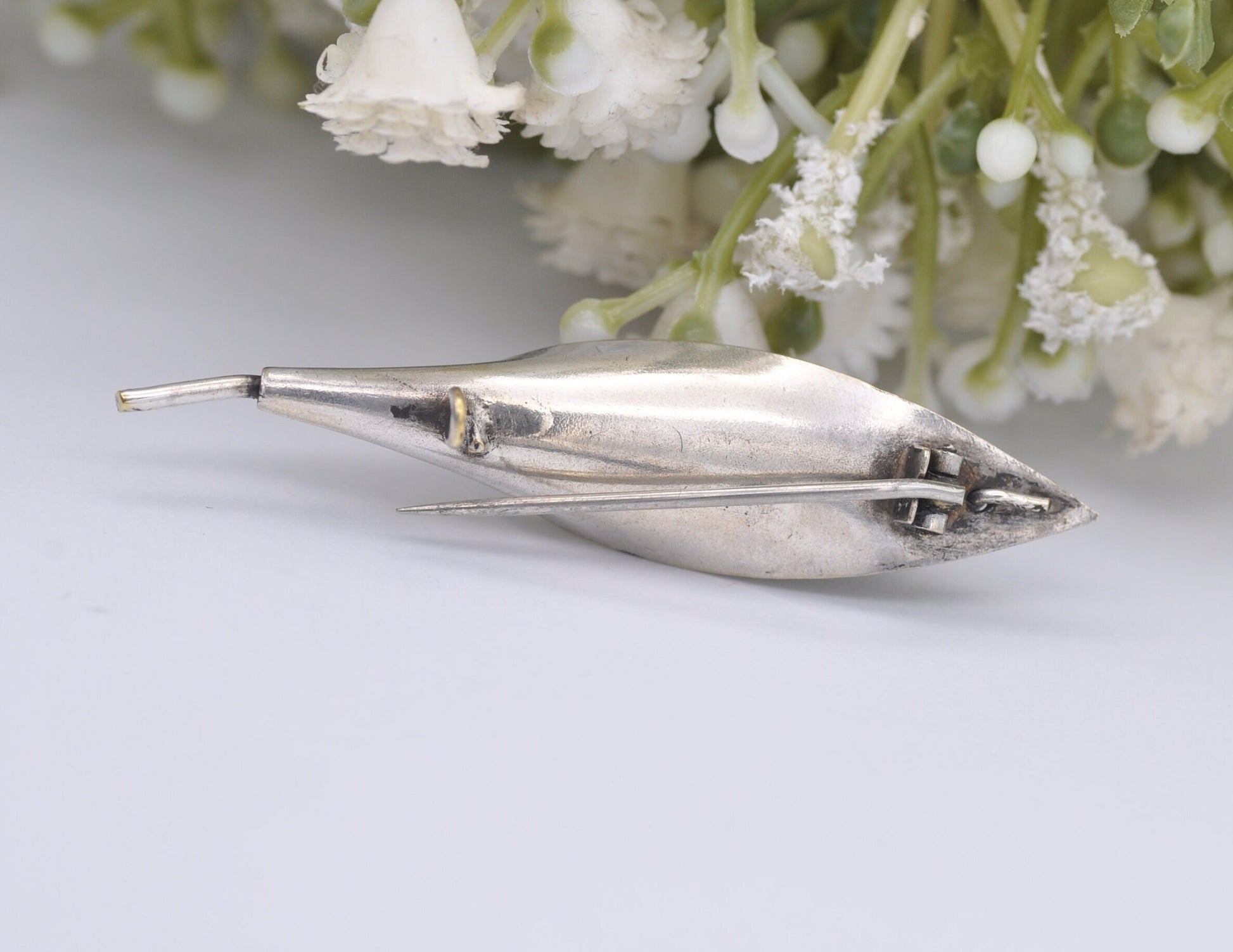 Antique Silver Lily of the Valley Brooch - Flower | Leaf | White Stone | Pin | Floral