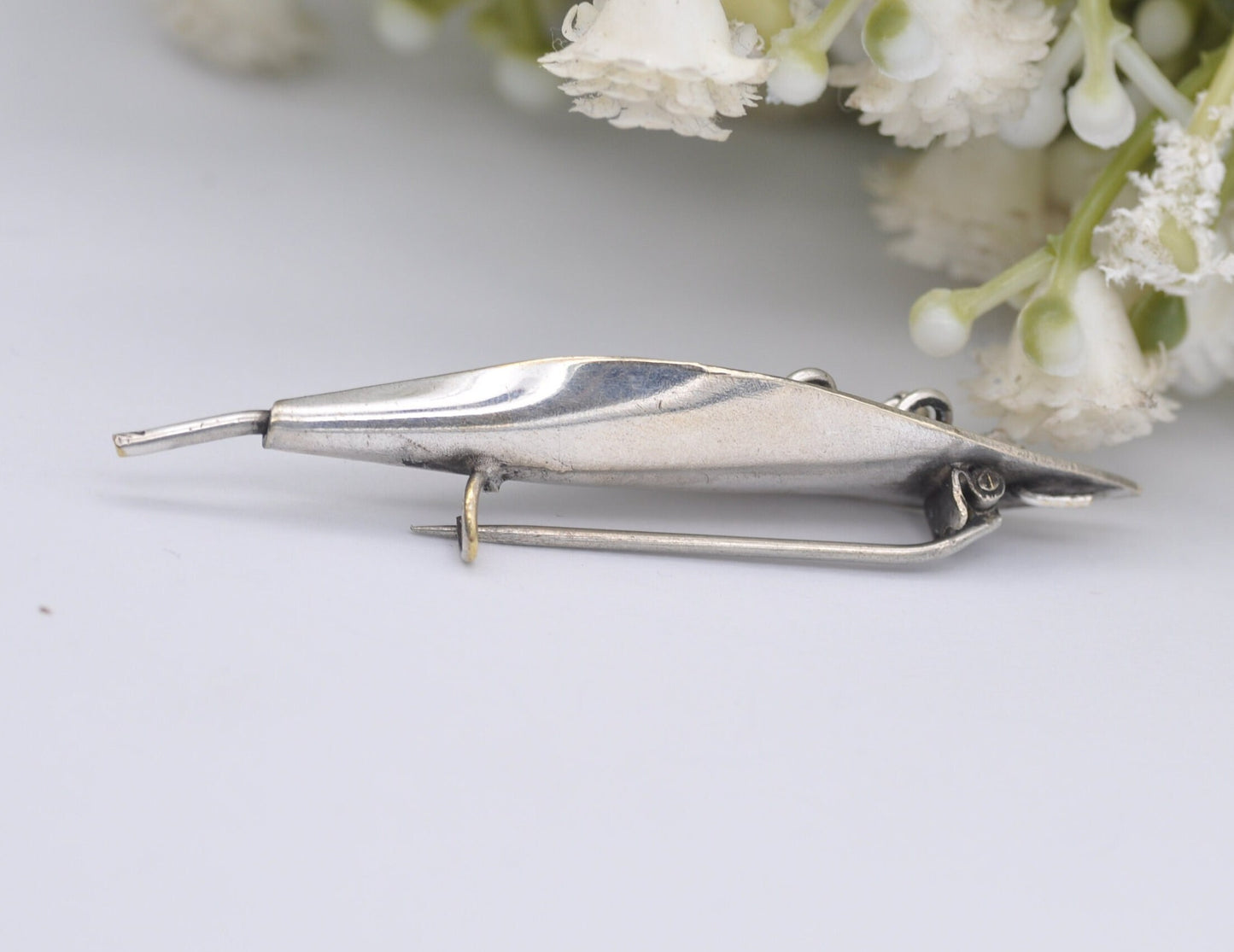 Antique Silver Lily of the Valley Brooch - Flower | Leaf | White Stone | Pin | Floral