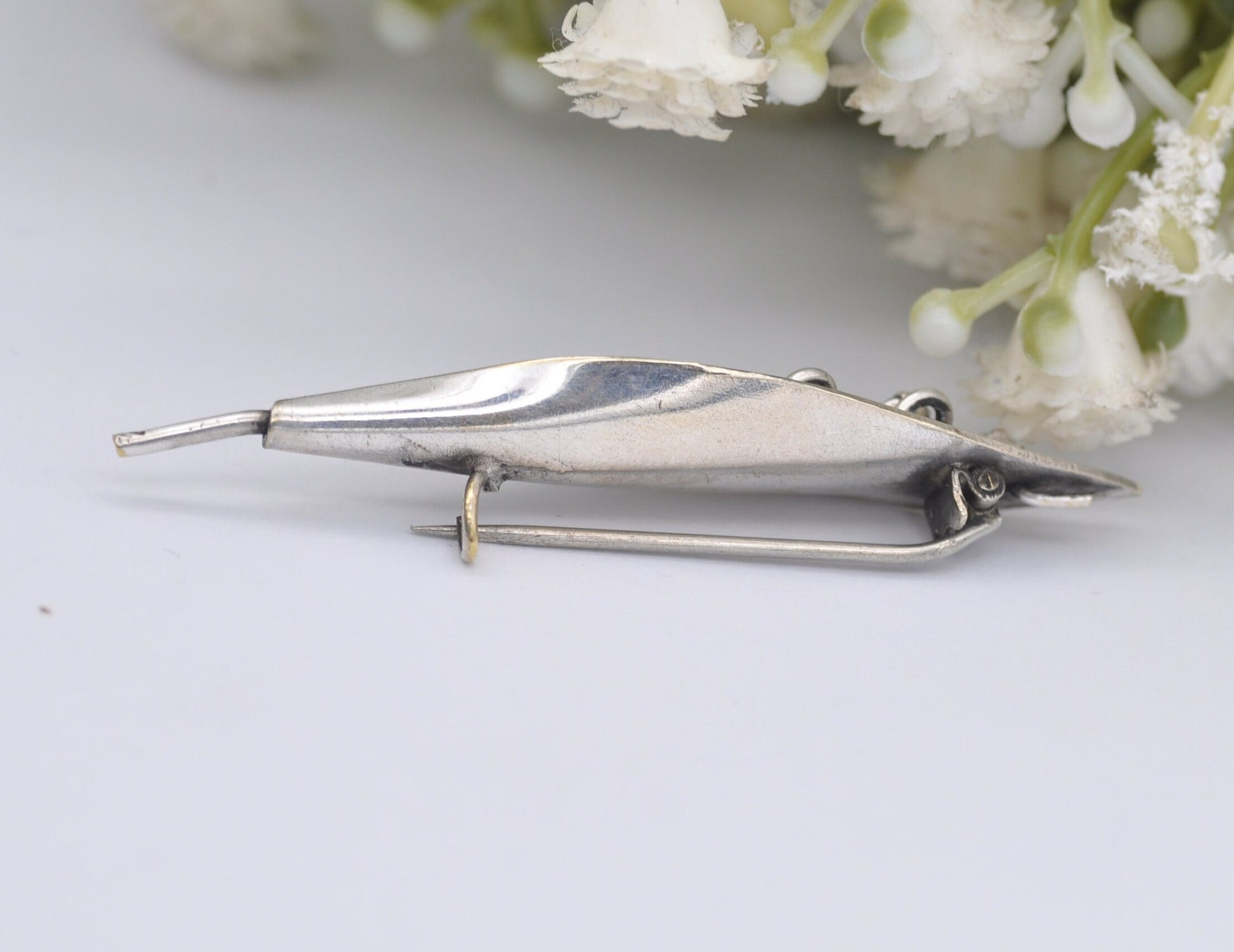 Antique Silver Lily of the Valley Brooch - Flower | Leaf | White Stone | Pin | Floral