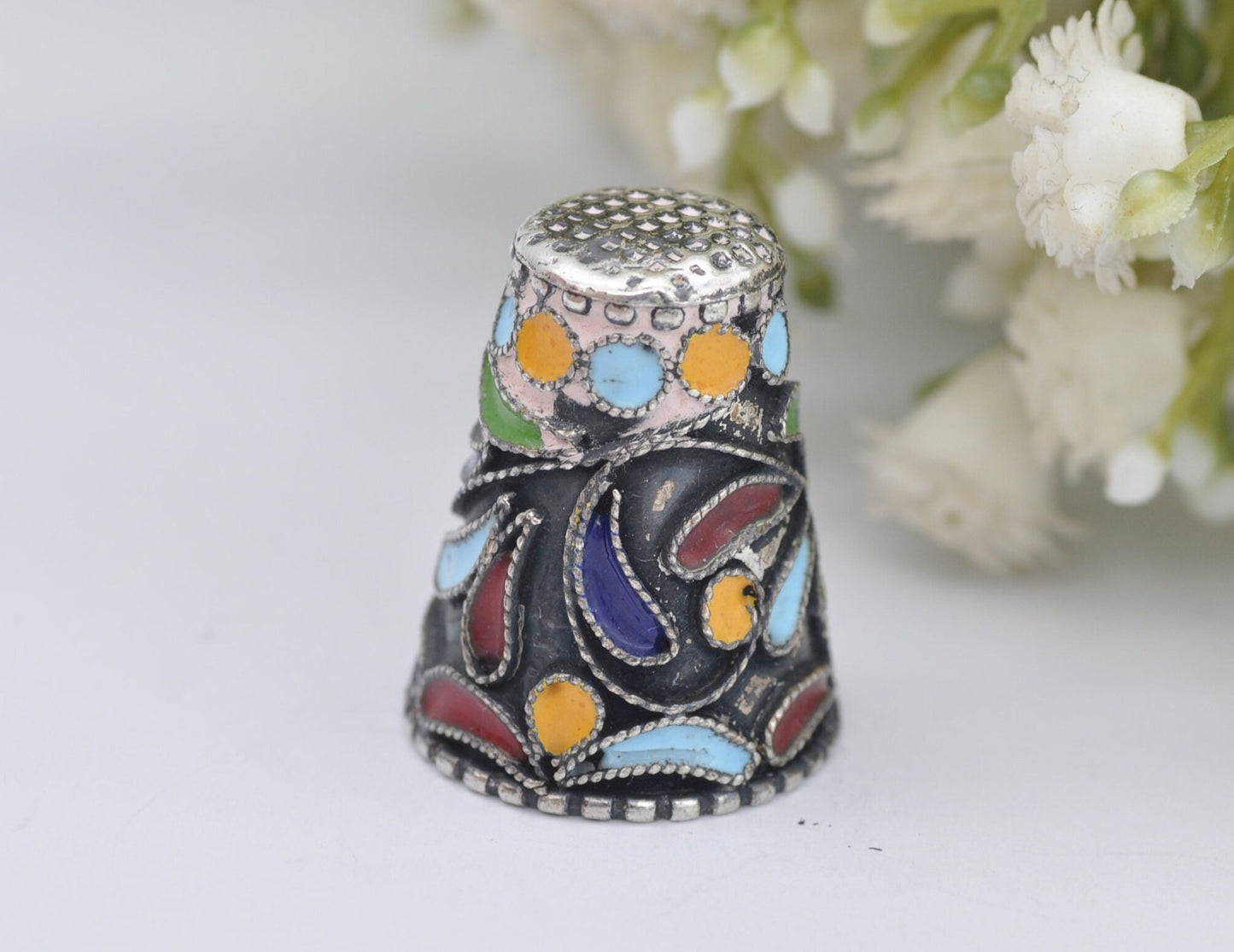 Vintage 935 Silver & Enamel Thimble - Mexico | 2317 | Sewing | Accessory | Detailed | Patterned | Silverware | Collectable