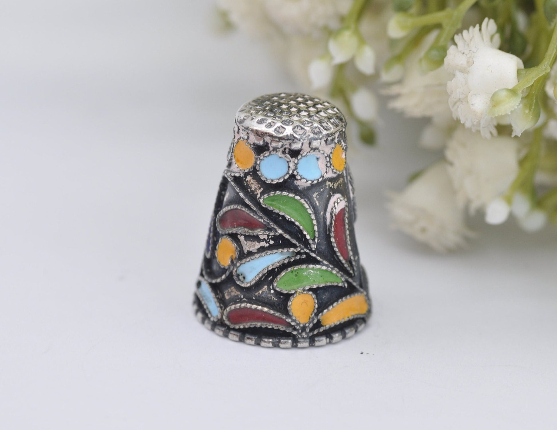 Vintage 935 Silver & Enamel Thimble - Mexico | 2317 | Sewing | Accessory | Detailed | Patterned | Silverware | Collectable